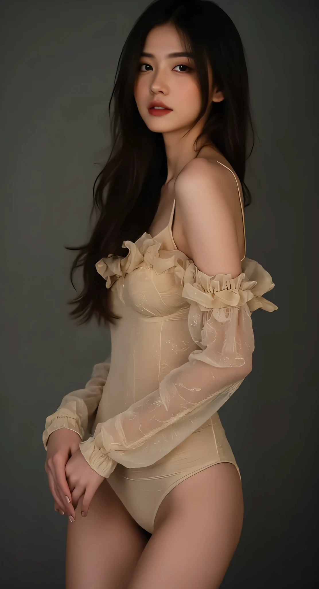 She is graceful， with beautiful curves ，The hips and plump breasts complement the full bust，Wearing a low bust，, showing off your charming collarbone and flattering circumference，slim legs loom under the exy yet elegant