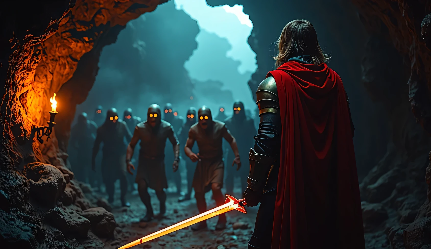 Create a highly detailed, ultra-realistic scene in a pitch-dark, ominous cave hall. The only light comes from a flickering torch in the wall, casting long, eerie shadows across the cavern. Grotesque zombies walk towards paladin from the darkness, their decaying forms horrifyingly detailed—rotting flesh, glowing eyes, and jagged claws dripping with blood.
The paladin stands resolute, his hair almost shoulder-length, slightly tousled from battle. He is clad in gleaming plate armor, with a striking red cloak draped over his back, covering the armor. Paladin's hair almost shoulder-length.The torchlight glints off his armor and the edge of his long, glowing sword, which he holds ready to strike.