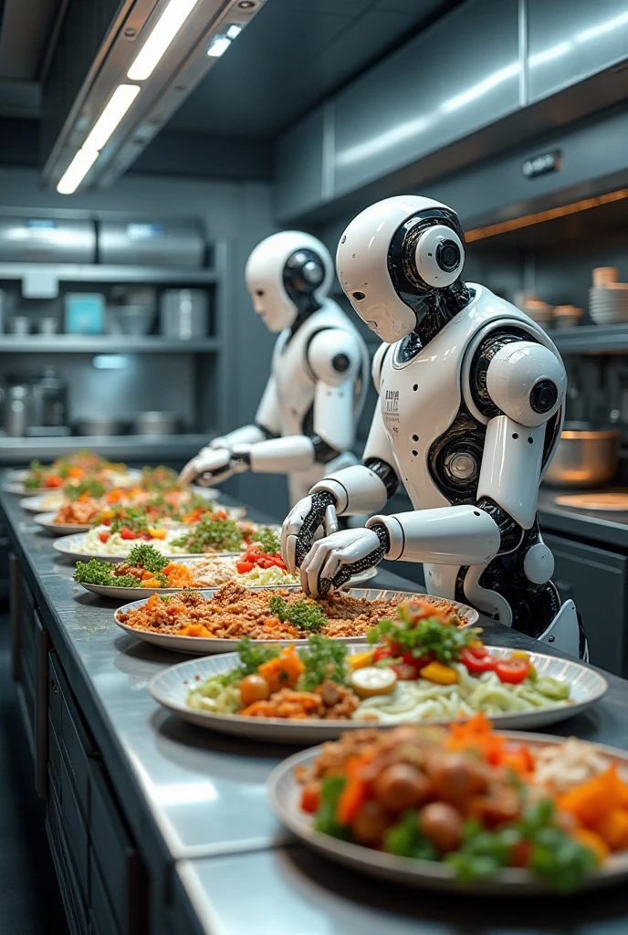 I want to create a futuristic kitchen without human staff, superrealistic image and cook dishes from all over the world.