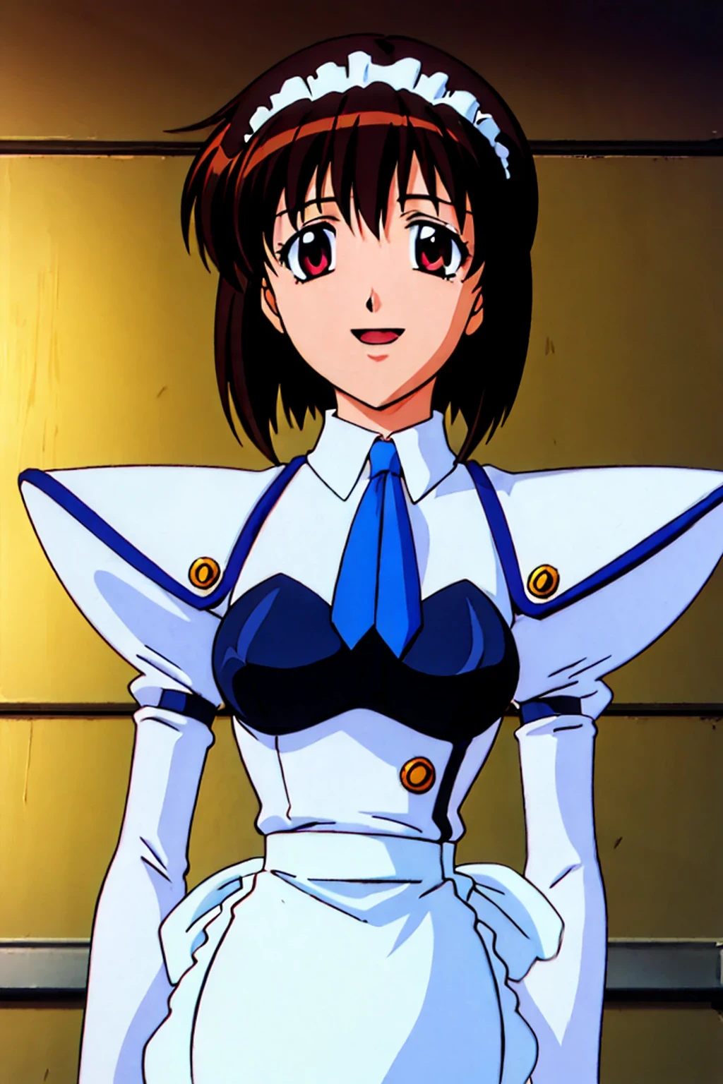 masterpiece,highest quality,Super detailed,32K,High resolution,an extremely delicate and beautiful,Official Art,Perfect Anatomy,(solo:1.5), Contrasting colors,octane rendering,Fully painted,anime coloring,anime screencap,Cel-shaded anime,retro artstyle,1990s \(style\),90s anime,90s anime style, perfect face,ultradeTailed eyes,beautiful,sexy,supermodel,athletic body,shiny skin,Dramatic light,(scale to fit the dimensions:1.2), koutetu_tenshi_saki,battle_costume,apron,gloves,short hair, maid, maid headdress, bangs, breasts, necktie, waist apron, puffy sleeves,red eyes,, white gloves, dress, long sleeves, elbow gloves, 1990s (style), frills, ascot, blue necktie,white apron,medium breasts,black_pantyhose,((open mouth,smile:1.5)),