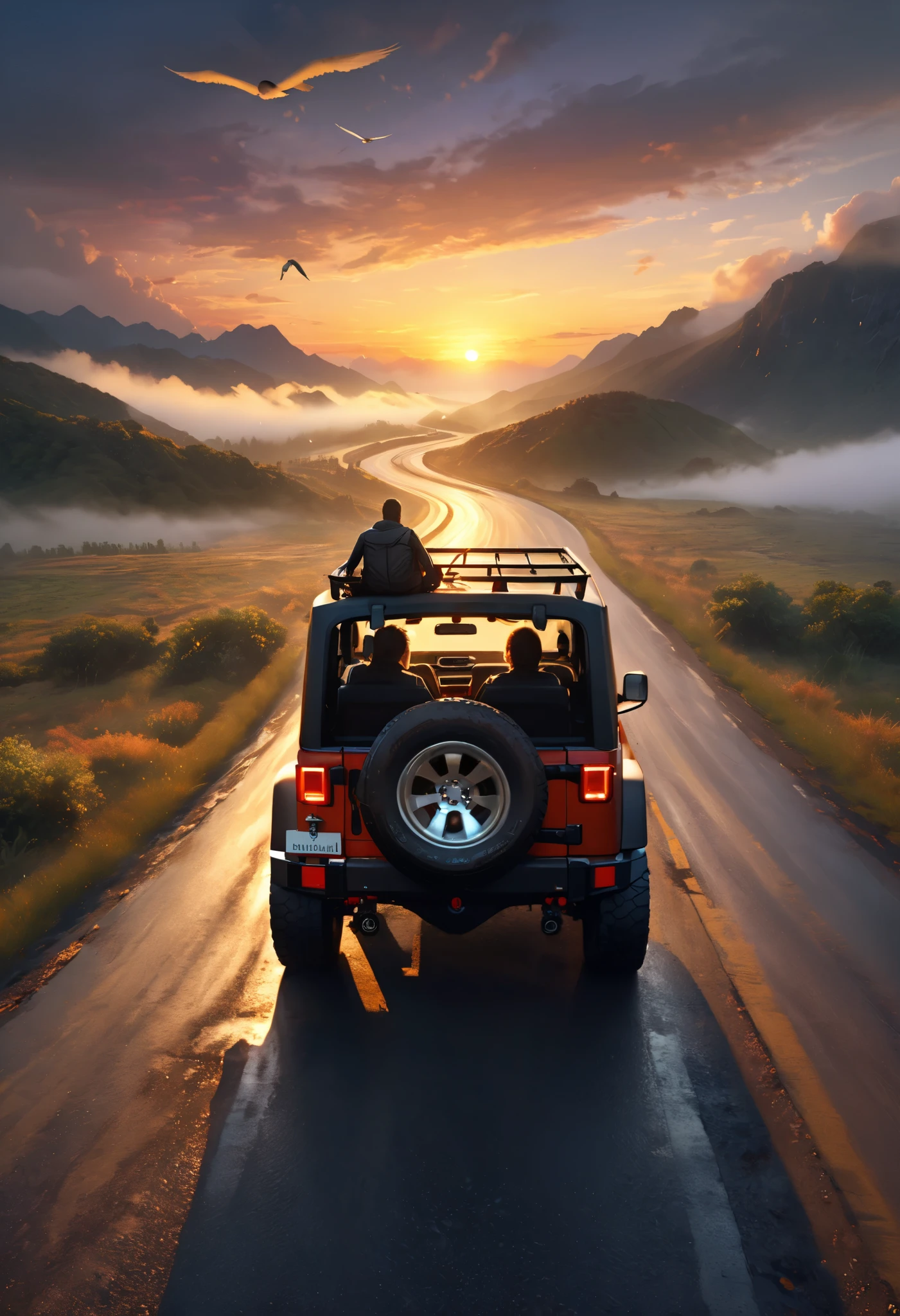 man driving a super high resolution jeep, Now、let's go on a trip, Load your luggage on the roof of your car, let's make a fascinating trip around the art!, bird's eye view from the rear, BREAK is sitting in the driver's seat a handsome, hard-boiled man, the road at sunset continues far, The rainy road surface created by the sunset is very aesthetic, let's travel on a moonless road for a fun night, BREAK hey、load our luggage in a hurry, and leave when ready, let's travel around the world in our proud jeep, intricate machinery car, complex background, detailed scenery, atmospheric lighting, photorealistic, cinematic composition, dramatic lighting, volumetric fog, depth of field, ultra-detailed, masterpiece, 8k, high resolution
