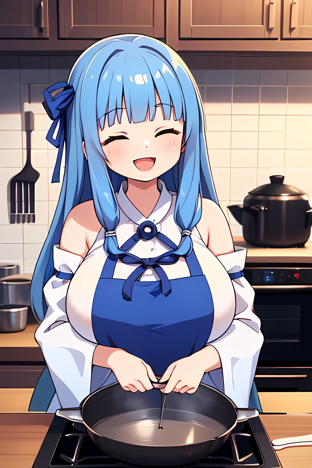 (Woman cooking),aoi kotonoha,((blue hair ribbon:1.4)),red eyes,( droopy eyes ) ,closed eyes,blue hair , very long hair,blunt bangs,(((( tall))),(huge breast),((((grace body ))),white dress,  detach sleeve,  wide sleeve ,  shoulder out ,dress apron ,opened mouth,(smile), indoor,kitchen ,upper body,
