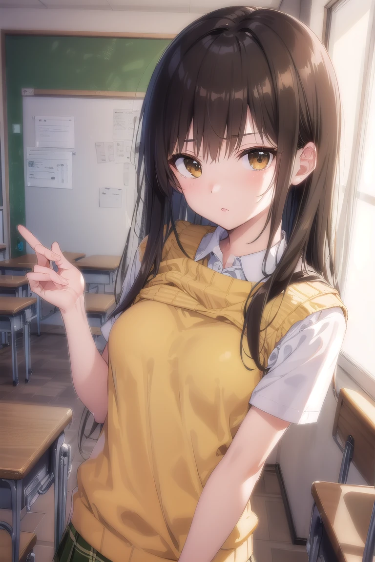 masterpiece, best quality, defYui, yellow sweater vest, white shirt, short sleeves, green bowtie, plaid miniskirt, large breasts, upper body, closed eyes, imminent kiss, from above, hallway, blush
