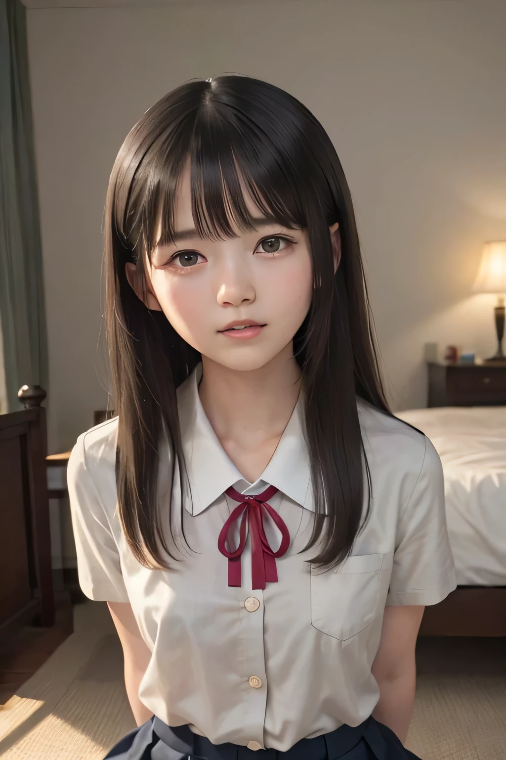 (masterpiece, Best Quality, 8K,Raw photo, High resolution:1.5), (1 girl, upper body, kneeling on the floor, Restrained girl, a girl is crying, arms behind back:1.6), (crying, sobbing, tearing, tearful, full-face blush, embarrassed, shyness), (dark background, night, indoor, moon light, bedroom, double bed:1.8), (Candid, Sophisticated, Thin arms, Narrow waist, Slim body, Slender girl:1.7), (Bokeh:1.7), (cleavage, small breasts:1.5), Beauty, (taken off shirt, Unbuttoned shirt, naked open shirt, school sailor uniform with red ribbon, serafuku, short sleeve shirt, Pleated miniskirt, slave metal collar, chained handcuff:1.9), (short two braids hair, black eyes:1.8), (forehead:1.7), japanese