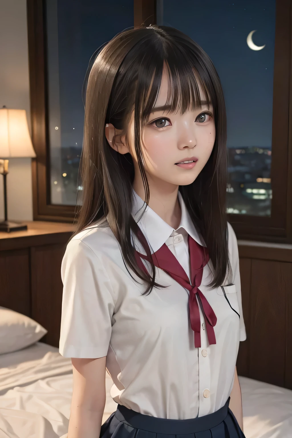 (masterpiece, Best Quality, 8K,Raw photo, High resolution:1.5), (1 girl, upper body, kneeling on the floor, Restrained girl, a girl is crying, arms behind back:1.6), (crying, sobbing, tearing, tearful, full-face blush, embarrassed, shyness), (dark background, night, indoor, moon light, bedroom, double bed:1.8), (Candid, Sophisticated, Thin arms, Narrow waist, Slim body, Slender girl:1.7), (Bokeh:1.7), (cleavage, small breasts:1.5), Beauty, (taken off shirt, Unbuttoned shirt, naked open shirt, school sailor uniform with red ribbon, serafuku, short sleeve shirt, Pleated miniskirt, slave metal collar, chained handcuff:1.9), (short two braids hair, black eyes:1.8), (forehead:1.7), japanese