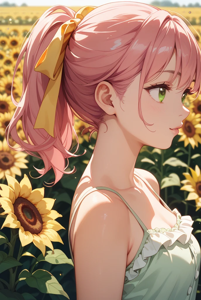 masterpiece, ((ultra detailed background, delicate pattern, intricate detail)), (highly detailed, fine details), best quality, beautiful lighting, (portrait), Rebecca, 1girl, solo, braid, pink hair, ((slim girl, medium breasts, portrait)), smile, yellow dress, fluffy dress, brown eyes, complex detailed background, sunflowers, field, outside, nature environment, blue sky, sky, tree, <lora:RebeccaEight:0.85>