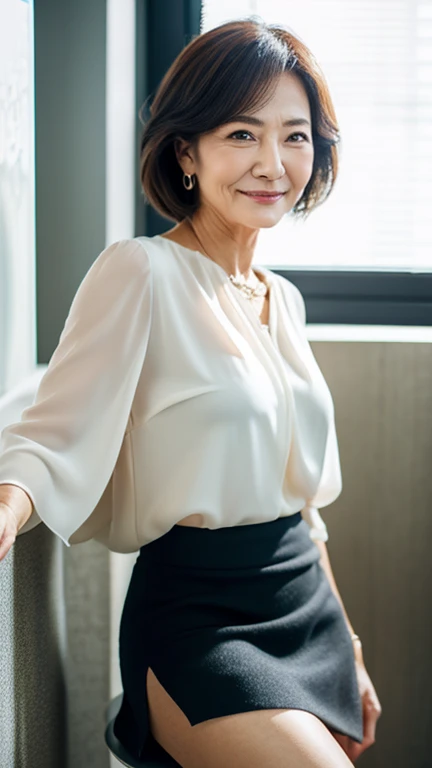 ((highest quality)), ((8K)), ((masterpiece: 1.3)), (Photorealism: 1.6), (Japanese mature women standing and talking), (Bright and spacious entrance hall with glass walls: 1.4), (The background is blurred: 1.8), (A woman standing facing diagonally forward: 1.4), (Angle from the feet: 1.4), (A man stands opposite a woman: 1.4), BREAK(Man in the back: 1.4),BREAK (46-year-old woman), (Perfect looks), ((Realistic skin texture)), (Fine lines all over the skin), (Dull skin), (Facial wrinkles), (Wrinkles around the eyes), double eyelid, Tear bags under the eyelids, (Laugh with a scrunched up face), Short bangs, Short Hair, (Smooth: 1.6), (Gathered blouse: 1.2), (Tight Skirt), (High heels), (Focus on the upper body: 1.4),