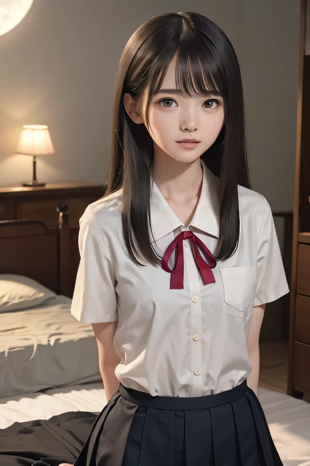 (masterpiece, Best Quality, 8K,Raw photo, High resolution:1.5), (1 girl, upper body, kneeling on the floor, Restrained girl, a girl is crying, arms behind back:1.6), (crying, sobbing, tearing, tearful, full-face blush, embarrassed, shyness), (dark background, night, indoor, moon light, bedroom, double bed:1.8), (Candid, Sophisticated, Thin arms, Narrow waist, Slim body, Slender girl:1.7), (Bokeh:1.7), (cleavage, small breasts:1.5), Beauty, (taken off shirt, Unbuttoned shirt, naked open shirt, school sailor uniform with red ribbon, serafuku, short sleeve shirt, Pleated miniskirt, slave metal collar, chained handcuff:1.9), (short two braids hair, black eyes:1.8), (forehead:1.7), japanese