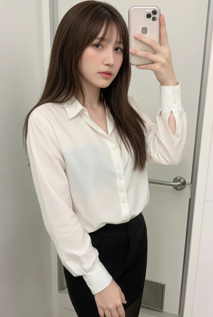 high resolution, Extremely detailed, Reality, Soft lighting, 1 beautiful Japanese girl, Very detailed beautiful face, Straight and medium-length hair, Transparent button down shirt, Beautiful legs