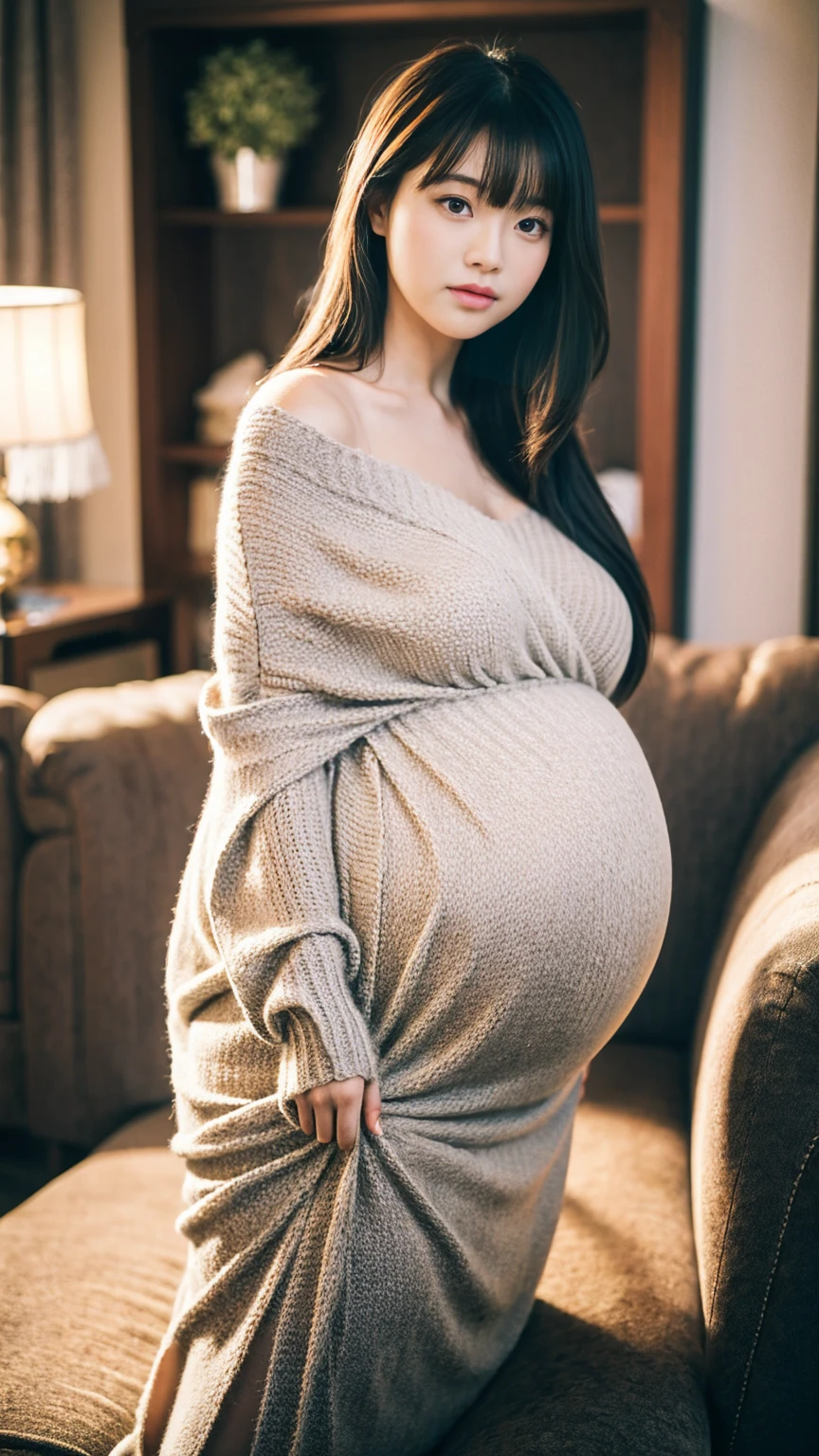 A gorgeous Woman, with a subtle and muted color palette, is captured in an 8k resolution, 70 mm frame. Her physique boasts a striking contrast, with a small waist giving way to gigantic breasts, enormous thighs, and hips that broaden to a curvaceous buttocks, ((pregnant)). Her dark skin shines under the soft, natural light, the swoon-worthy figure accentuated by the sweater dress she dons, leaving her seductive allure undeniable. Her pose is effortlessly alluring, her deep-set, mysterious eyes locked onto the viewer.