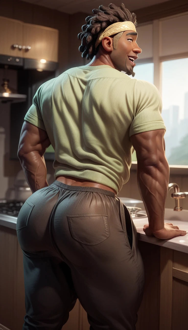 masterpiece, best quality, high resolution, closeup portrait, (1boy:1.4) A man, back view, bare legs, ass, back, see-through, looking back, smile,, dark skin, muscular, (no shirt :1.2) male focus, ground focus, muscular, burly, hairy, male, (shirtless:1.2), sauna in the background with smoke around it, amazing composition, coastline view, HDR, volumetric lighting, (wide shot, from behind:1.2) (GS-Male: 1.5 ) (magnificent landscape:1.2)