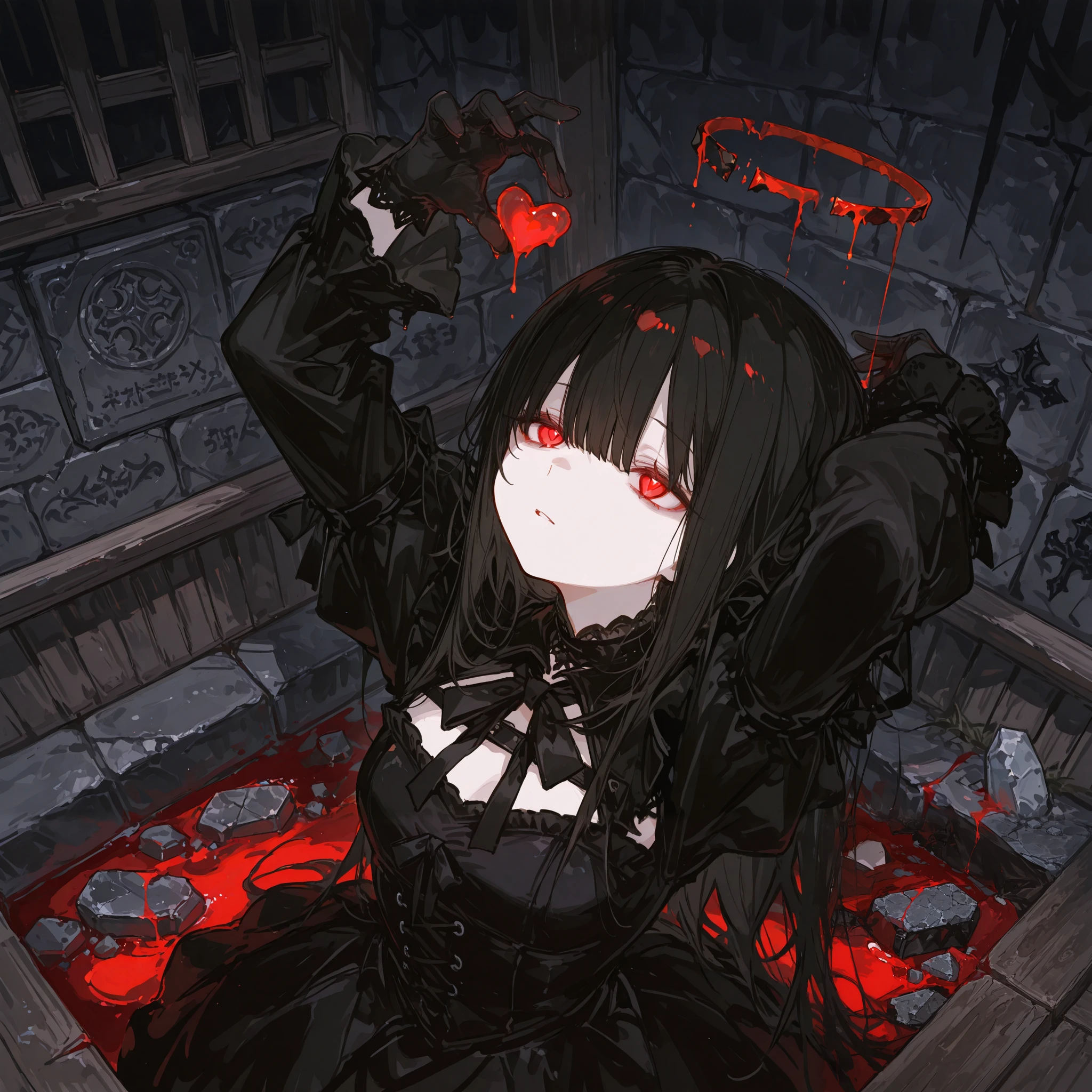 masterpiece, best quality, ultra-detailed, dark fantasy,usnr, 748cmstyle,1girl, holding a dripping red heart in her gloved hand, black gothic dress, somber expression, long dark hair with bangs, fragments of a broken halo above head, ominous dark indoor background, dim candlelight casting eerie shadows, worn stone walls and aged wooden beams, red liquid slowly dripping from the heart, hauntingly beautiful, unsettling atmosphere