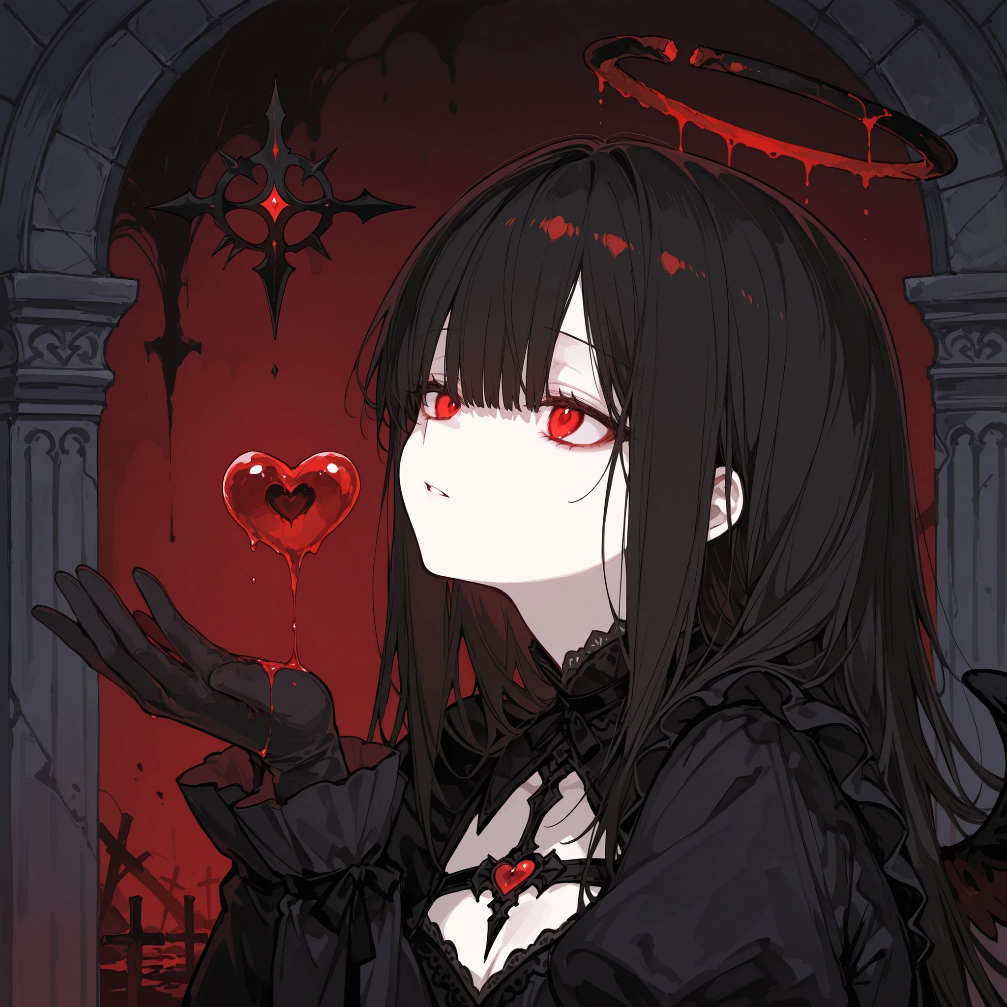 masterpiece, best quality, ultra-detailed, dark fantasy, 748cmstyle,1girl, holding a dripping red heart in her gloved hand, black gothic dress, somber expression, long dark hair with bangs, fragments of a broken halo above head, ominous dark indoor background, dim candlelight casting eerie shadows, worn stone walls and aged wooden beams, red liquid slowly dripping from the heart, hauntingly beautiful, unsettling atmosphere