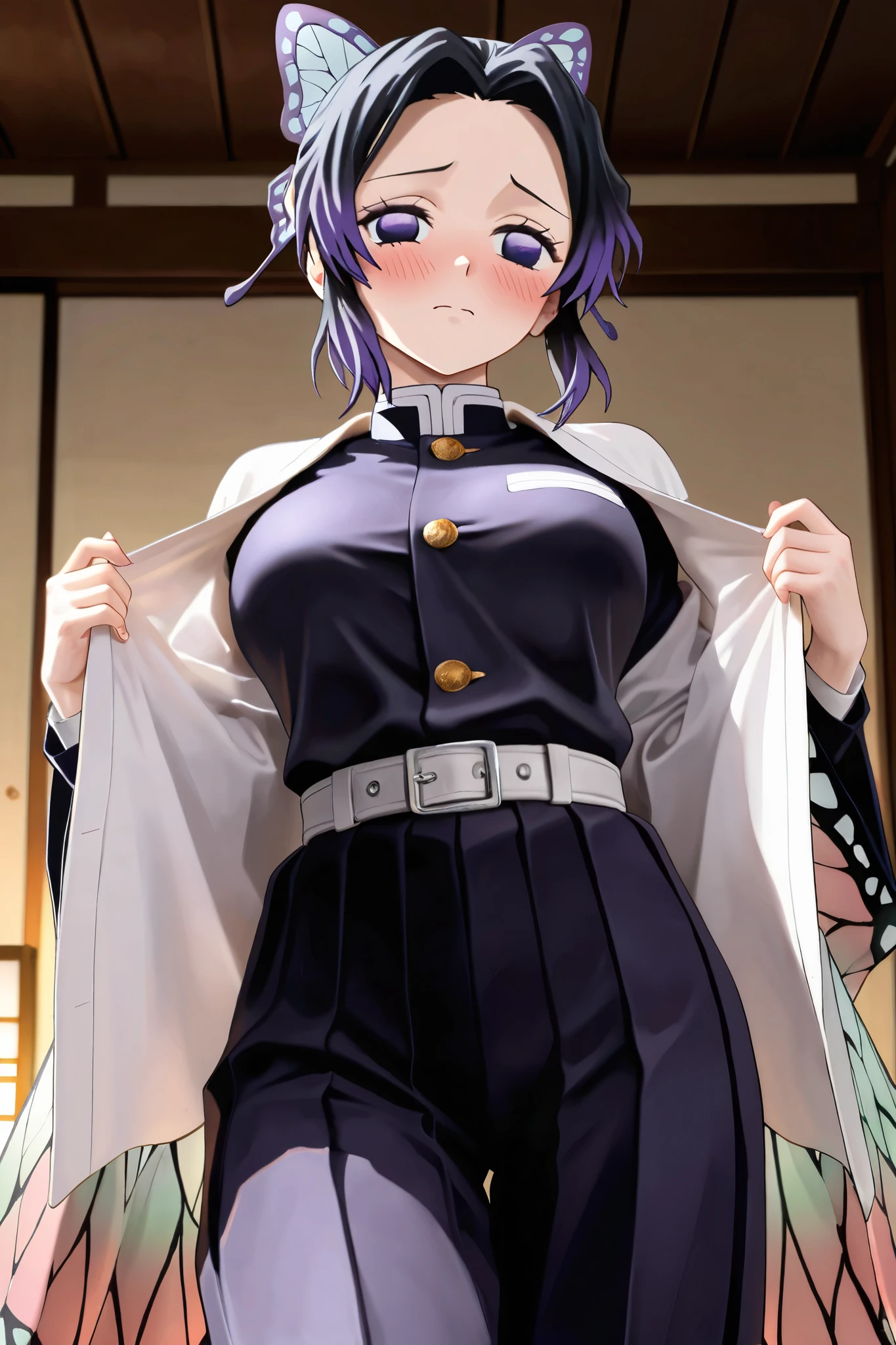 NSFW, Masterpiece, best quality,high resolution, very detailed, shinobu kochou\( Demon Slayer \), black hair、butterfly、butterflyのhair ornaments close to the garden、butterflyのプリント、amount,Forehead、 gradient hair 、hair ornaments close to the garden、 Uri、 multicolor hair 、 purple hair 、 short hair 、 two-tone hair,belt、黒 pants、butterfly柄、 comments、 Demon Slayer uniform、 Uri、 kimono、 pants、uniform,Embarrassed,blush,is shy,night, undress