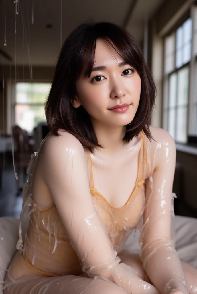 real, 45mm, Very detailed, Natural skin texture, Surrealism, There is a beautiful woman、Light brown hair、thin:1.3、small:1.3、、A seductive smile,(nsfw)、wet skin, (bukkake), (prostitution), ((armpit sex)), (smell), drugs, ((cockshock)), condoms belt, ((Gokkun)), ((moral degeneration)), filming, (cum covered), (messy cum), ((cum everywhere)), (spilling cum), (cum in hair), (cum all over breasts), (cum on body), (multiple cumshots), ((extreme cum play:1.8)), ((like facial)), (cum dripping from lips), (cum hanging from lips), belt with condoms, (X-ray:1.3)(horny face)、(get horny,under pussy&super below angle:1.5)、leave it to you(most Erotic situation,most Erotic pause,most Erotic composition)、