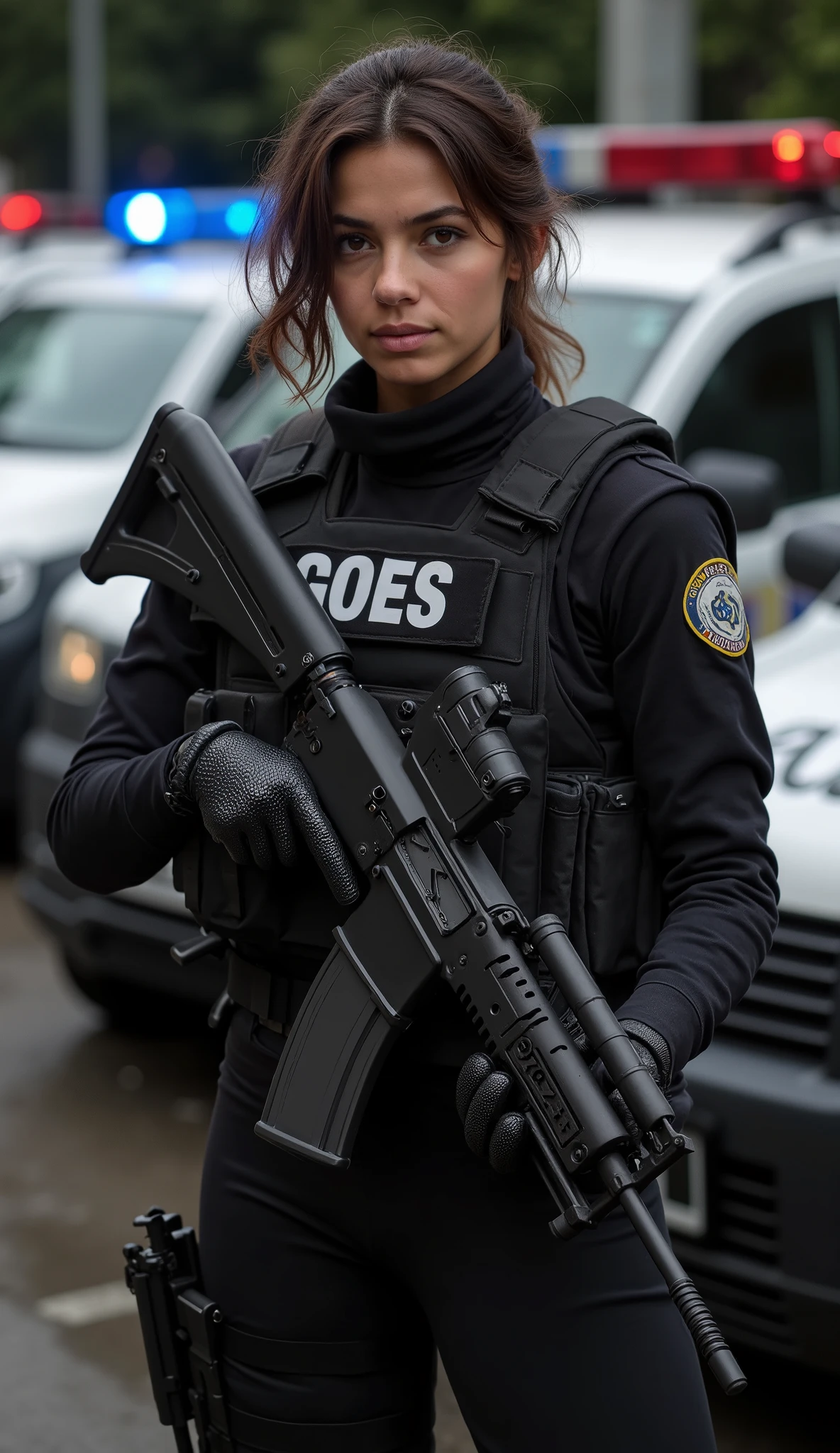 A beautiful and strong 20-year-old Colombian woman stands alert and ready for action, captured in a three-quarter body portrait. She is a highly trained operative of Colombia’s elite counter-terrorism unit GOES, her sharp eyes scanning the surroundings with precision. Her dark brown, wavy hair is styled in a bob and tied back, ensuring practicality and efficiency in the field. She possesses an ideal physique—strong, athletic, yet feminine, embodying both power and grace. Her serious yet composed expression reflects discipline, experience, and unwavering determination.

She is clad in a sleek black tactical uniform, standard for Colombia’s special operations forces. A bulletproof vest with "GOES" displayed prominently on the chest reinforces her elite status. The vest is equipped with multiple pouches, reinforced armor, and tactical gear, carrying extra magazines, a radio, and mission-essential tools. She also wears protective gloves, a utility belt, reinforced knee pads, and sturdy combat boots, ensuring maximum mobility and resilience.

In her hands, she firmly grips a long-barreled firearm, the signature weapon of GOES operatives, positioned in a ready stance, prepared for rapid engagement. The firearm is sleek, modern, and expertly maintained, symbolizing her high-level training and expertise.

She is positioned in front of several Colombian police vehicles, the flashing emergency lights casting a blue-red glow against the dark urban backdrop. The vehicles stand as a testament to law enforcement’s constant vigilance against threats. The scene is focused solely on her, capturing the poise, skill, and undeniable presence of a Colombian special forces officer standing at the front lines of counter-terrorism operations.

