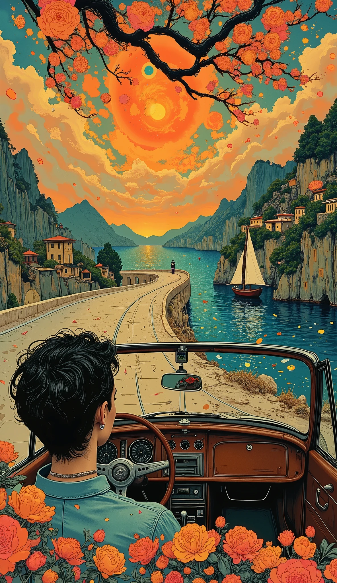 Road trip in a convertible car at sunset:1.51, Grand general plan self seen in profile:1.3, centered image you can see the horizon and in the distance how the sun goes down at dusk, dreamlike beautiful image, the background is blurred by speed, in the distance you can see a horizon of the sea, with sailboats and ships, the sea shines in the sun, some background clouds , pink colors of the sunset, (raw photo, best quality, masterpiece, photorealistic, detail , Maximum Image Quality, High resolution, 8K, HD:1.2), Vibrant, ethereal lighting , sharp focus, ultra detailed,((Extremely detailed 8k unified CG wallpaper)), surreal and dreamlike textures,magical and mysterious essence, unexplored and undiscovered wonders,sculptural and abstract elements,transcendent composition, visual effects , photorealistic neck jewelry, master class in digital composition