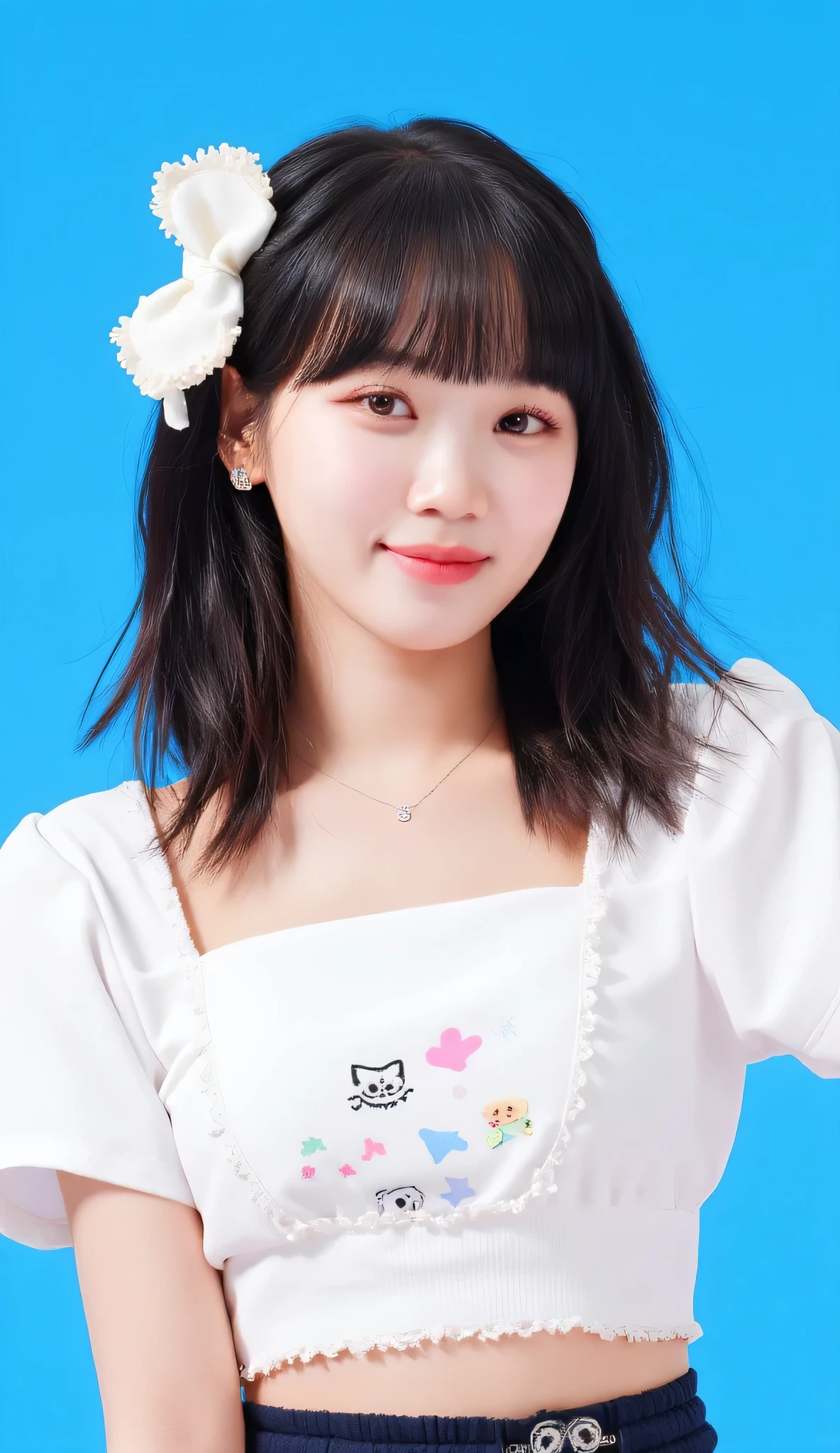 32k, Masterpiece, Top Quality, (Korea's Beautiful Women) Close-up, eye-level, long wavy dark brown hair, white lace bow, white crop top, cat print, dark skirt, space print, black detailing, bright blue background, playful, youthful, whimsical, edgy, bright lighting.