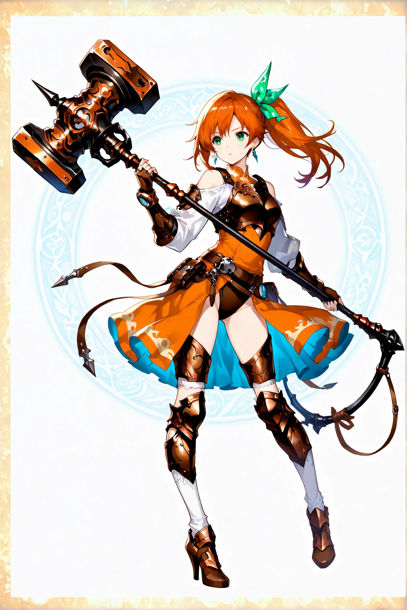 ( white background, stands,whole body, high heels,Frontal view portrait:1.7),HoleHeels,oval/Circle/Thorn/Horn Heels,,limited color palette,Colorful, vivid colors ,black light ,watch, Masterpiece, very beautiful,, of_HARP, cosplay, chest armor, clothing cutout, belt, bracers, leg armor, brown footwear, highleg leotard, armor, bare shoulders, fingerless gloves, bracers,jewelry, earrings,, (((huge blue fantasy large-scale battle, Long handle ))),HoldHammer,hammer, Shoulder,, Grip Hammer, Weapon Holding Iron Hammer, , 1girl ,orange hair,green eyes,long hair,bow,side ponytail,bangs,hair bow,dress,shirt,long sleeves,ribbon,white shirt,hair,ribbon,orange dress,ponytail,socks,white socks,