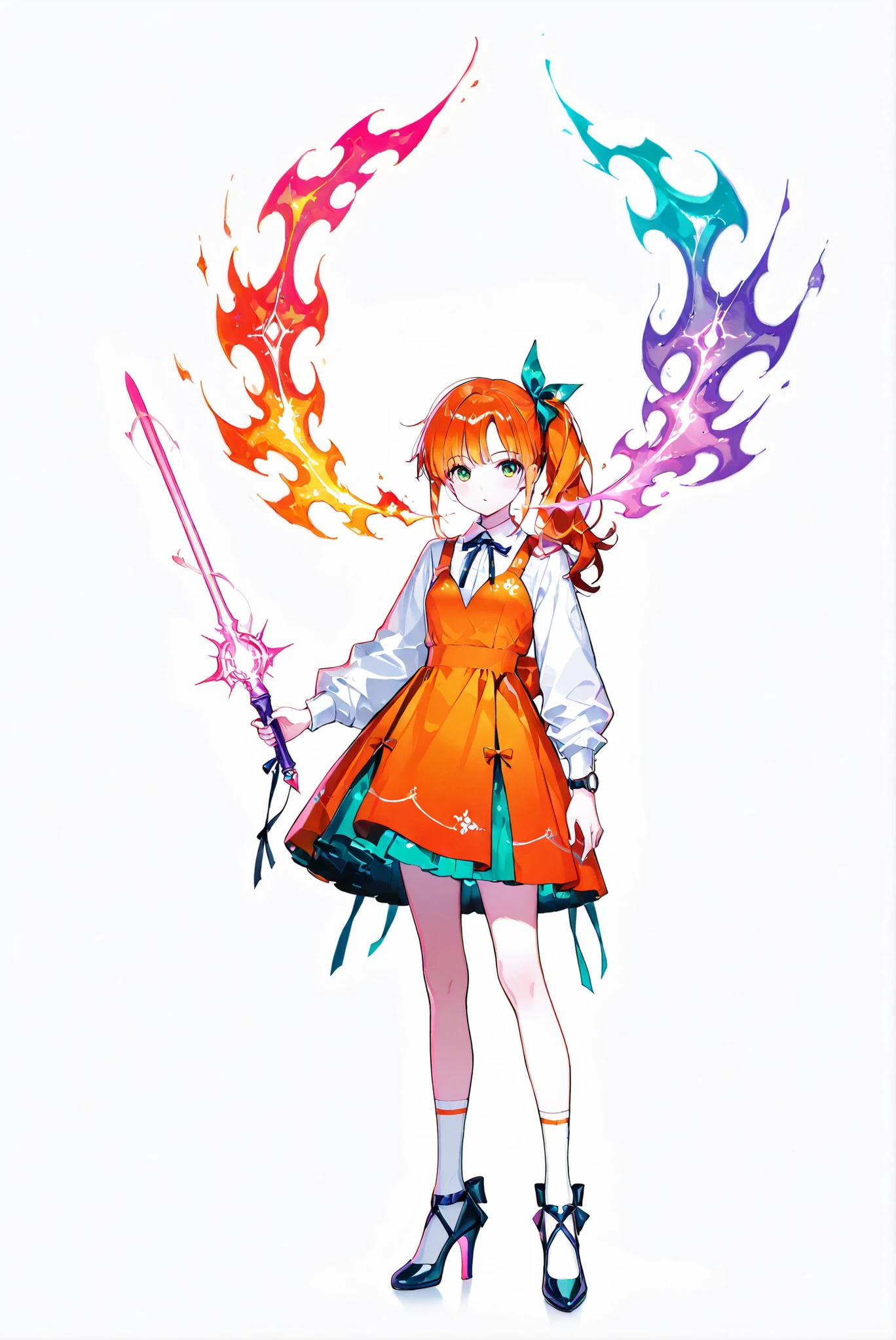 ( white background, stands,whole body, high heels, front view,Standing picture:1.7),HoleHeels,oval/Circle/Thorn/Horn Heels,,limited color palette,Colorful, vivid colors ,black light ,watch, Masterpiece, very beautiful , 1girl ,orange hair,green eyes,long hair,bow,side ponytail,bangs,hair bow,dress,shirt,long sleeves,ribbon,white shirt,hair,ribbon,orange dress,ponytail,socks,white socks,
breath_weapon , { sptting_breath | charging_breath | full_breath } , breathing fire,, casting spells,summoning multiple pink and blue swords behind her,Sword dance ,(holding a glowing wand), purple cylinder,