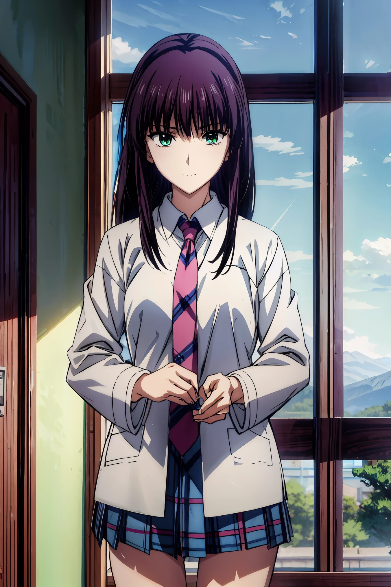 smile face, blazer uniform,赤 purple hair, green eyes , eyes like jewels, 超 high resolution, ((( green eyes))),赤 purple hair, beautifulアニメ高校の女の子,( masterpiece:1.2, 最 high quality ), ( exists, photo exists:1.4), beautifulイラスト, ( natural light , Movie Screenplay ), nsfw, watch viewers , COWBOY SHOOTING , Front view of the company :0.6, seat, Japanese, college student の女の子, perfect face, beautiful髪, beautiful顔, beautiful and amazing eyes, beautiful鎖骨, beautiful体, beautiful胸, beautiful太もも, beautiful足, beautiful指 , ((( navy jacket ), Light Blue Shirt , details beautiful DEL I'm CATE EYES FULL OF DEC I ON , Black Sox , blue tartan ribbon tie )), ( beautiful風景), evening , Riverside, walk, smooth animated CG art , 魅惑的な Anime Girl , MAKE A GIRL IN A LONG COAT , high resolution, very well detailedなイラスト, DARK BLUE PLEATED MINISKIRT VIBRATOR , RAW Photo , film grain , standing , U high resolution and 8K Connection , 長い赤 purple hairと green eyesをした Anime Girl , anime moe art style , 若い Anime Girl の接写, smooth animated CG art , beautifulアニメの college student の女の子, anime moe art style , シュールな college student の女の子, Anime Girl , 魅力的な Anime Girl , シュールな college student の女の子, GIRL WITH SHINY CLOTHING , high resolution, CG Details , high quality shadows, beautiful、delicate face、All the details , ディテール beautiful DELICATE EYES FULL OF DECISION,break( high resolution8Kの壁紙 ),(高度に CG Details 8kの壁紙),Makima ( Chainsaw Man ),Scathach ( Destiny / GRAND ORDER REQUIRED ),Reika Shimohira , high resolution, とても繊細で beautifulCGイラスト,最 high quality , exists Feeling , exists fabric, exists texture,((( debris flies))), (((最 high quality ))),8k,At 32k, masterpiece, beautiful and charming anime woman , supermarket, very well detailed, high resolution,シュールな college student の女の子, masterpiece, 最 high quality , high quality , Freshness , high quality texture, high quality shadow, high detail on the face, sex , seat, college student , alone,I, alone, alone, ADULT BIB , beautiful長い脚, beautiful胸, beautiful太もも, Tight legs , beautiful leg line , Slender Hips at an Unmanned Bar ,Mature body girl, Big breasts only , beautiful胸,reddish purple hair, purple hair, BLACK CURRANT HAIR , charming Anime Girl , colorful hair, straight hair ,shy smile,幸せそうなsmile, Brilliant appearance ,cute smile,Cool Beauty, beautiful女性, handsome face , beautiful写実性, attractive figure , 魅惑的な顔 , Calm expression , beautiful髪,smile, colorful eyes , green eyes,Jade Eyes, beautiful目,bright eyes, DELICATE EYES FULL OF DECISION, Jewel Eyes ,Jade Eyes,( green eyes:1.5), attractive face ,8 heads,:: 174cm,彼女は首に necklace 身に着けています, necklace ,beaded necklace ,Magatama Accessories,smile,