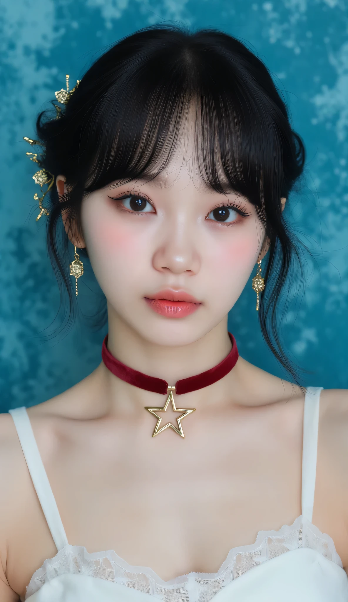 8k, masterpiece, highest quality, Korea's Beautiful Women, Close-up, frontal, slightly low-angle.  Dark, wavy hair, soft makeup, full lips, expressive eyes, fair skin. Lace camisole, velvet choker, gold star hairpiece, dangling earrings. Serene, slightly pensive, demure pose. Blurred, textured, blue-teal background.
