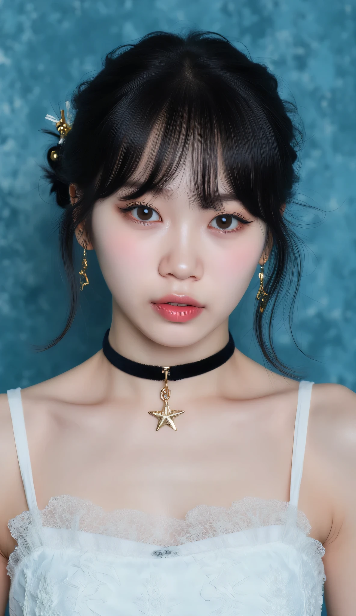 8k, masterpiece, highest quality, Korea's Beautiful Women, Close-up, frontal, slightly low-angle.  Dark, wavy hair, soft makeup, full lips, expressive eyes, fair skin. Lace camisole, velvet choker, gold star hairpiece, dangling earrings. Serene, slightly pensive, demure pose. Blurred, textured, blue-teal background.
