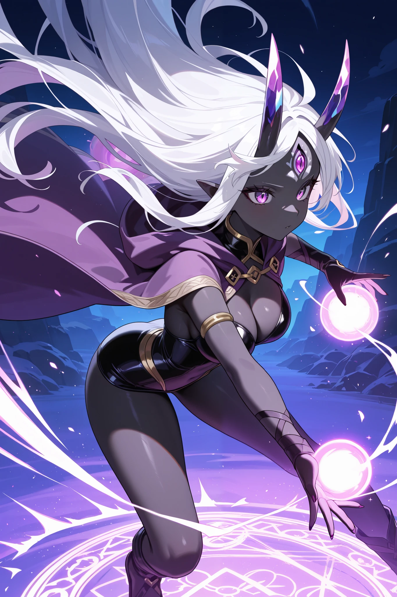 masterpiece, best quality, amazing quality, very aesthetic, high resolution, newest, 1girl, pointy ears, colored skin, black skin, white hair, purple eyes, purple cloak, crystal horns, oni horns, two-tone horns, forehead jewel, cleavage, casting spell, energy ball, magic circle, energy, floating hair, wind, dynamic pose, depth of field, extremely detailed scene, dynamic light, absurdres, highres
