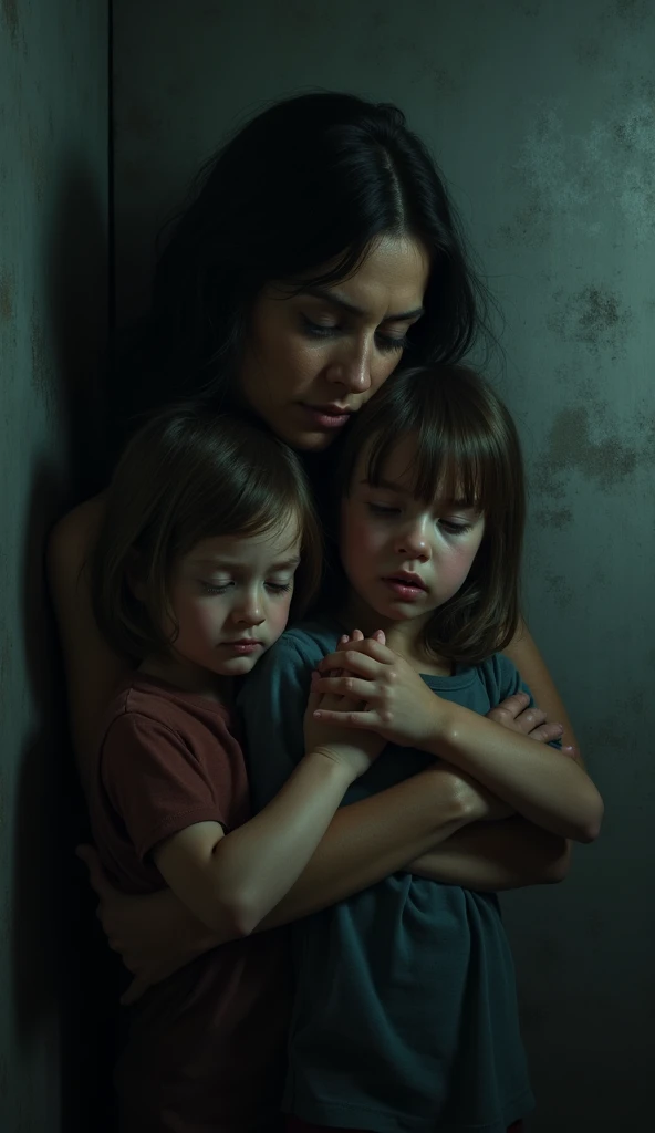 A young mother, standing in front of a mirror, is holding her baby boy in one arm, while her toddler girl stands beside her, holding onto her leg. The mother is dressed in casual, slightly worn clothes. Her expression is weary but composed. The reflection in the mirror tells a different story—her face and body show clear signs of physical abuse, such as bruises and cuts. Her reflection has a pained expression, contrasting sharply with her outward calmness. The room is dimly lit, adding to the somber mood, with minimalistic decor, emphasizing the emotional weight of the scene.