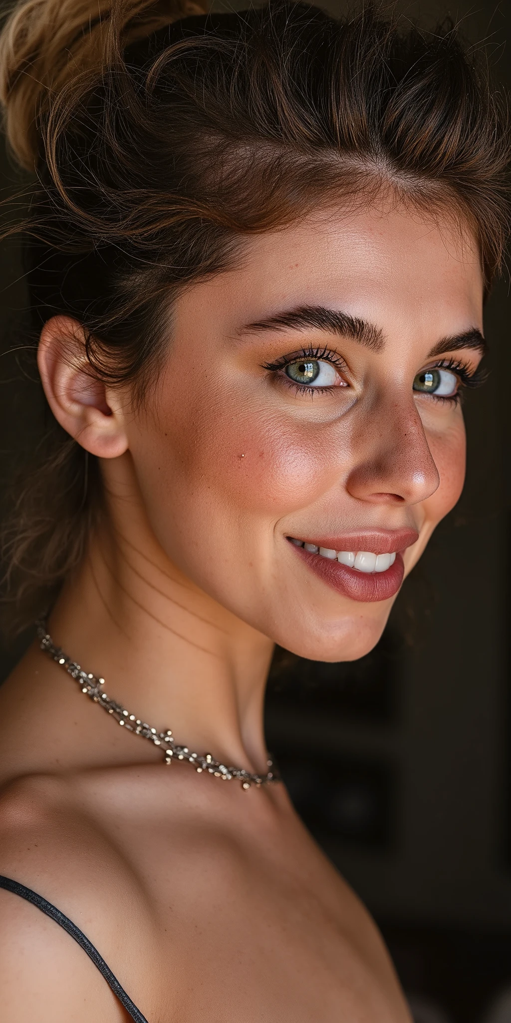 Photo époustouflante par-dessus l'épaule de ohwx regardant le spectateur, imperfections, collier, regardant par-dessus les épaules, cils, détail des cheveux fins, toute la coiffure visible, yeux parfaits avec motif d'iris, lèvres sensuelles, nez, (Parfaitement net:1.3), textures réalistes, (mise au point profonde, mise au point sur l'arrière-plan:1.5), décolleté profond. 8k uhd, reflex numérique, Image de très haute qualité, grain de film, Fujifilm XT3