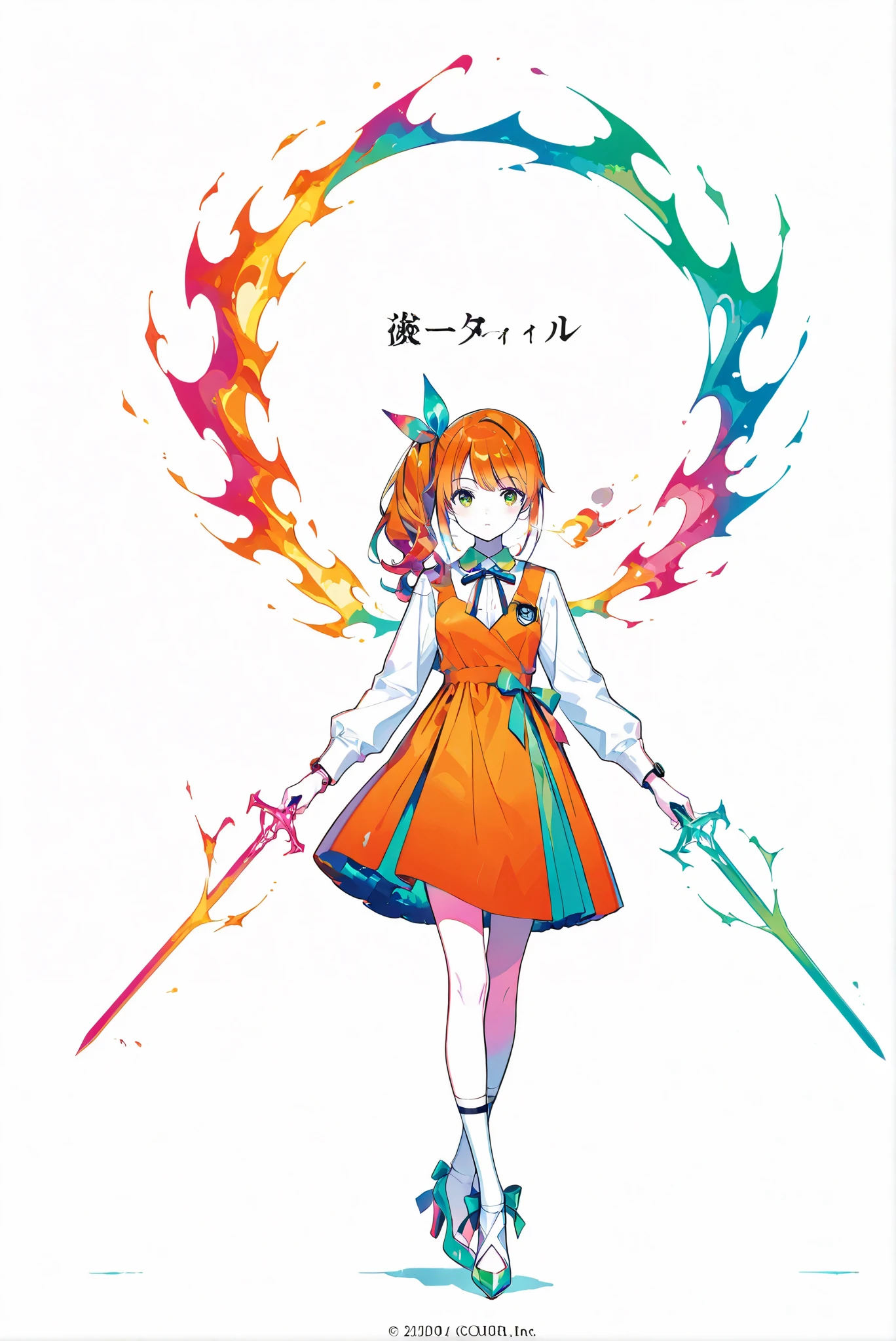 ( white background, stands,whole body, high heels, front view,Standing picture:1.7),HoleHeels,oval/Circle/Thorn/Horn Heels,,limited color palette,Colorful, vivid colors ,black light ,watch, Masterpiece, very beautiful , 1girl ,orange hair,green eyes,long hair,bow,side ponytail,bangs,hair bow,dress,shirt,long sleeves,ribbon,white shirt,hair,ribbon,orange dress,ponytail,socks,white socks,
breath_weapon , { sptting_breath | charging_breath | full_breath } , breathing fire,, casting spells,Summon 20 pink and blue swords behind her,Sword dance