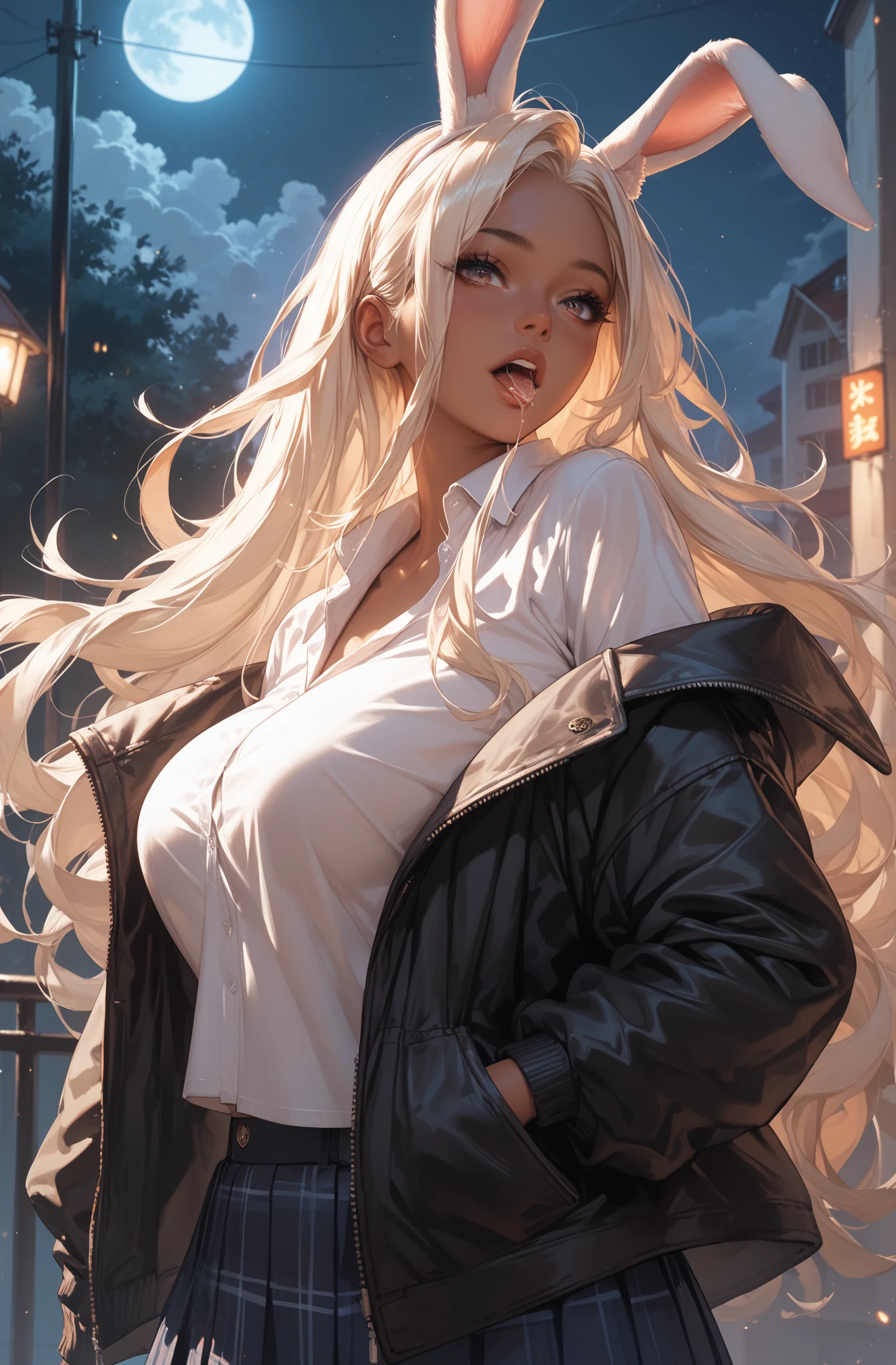 Woman, white skin, green eyes, blond hair, wavy hair, straight hair, bangs, long hair, hair in the wind, cemetery at night, tight jeans, black boots, very low-cut top, white top, transparent top, open jacket, red jacket , walking, horror, great cleavage, smiling, looking at camera, red lips, athletic, bats in the sky, scary atmosphere, shot from behind.