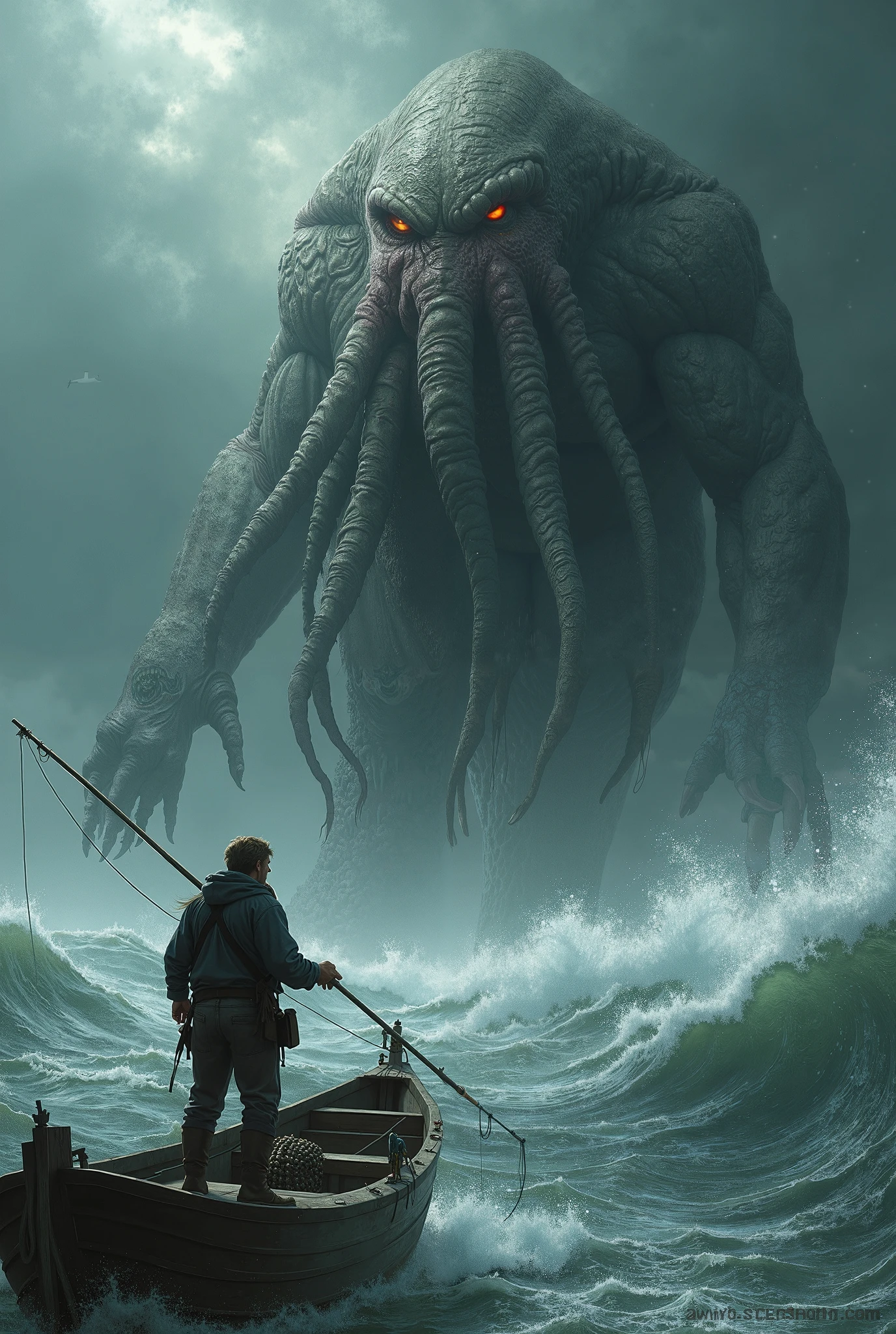 A giant raging cthulhu emerging angrily from the sea. Behind him an electrical storm rages.