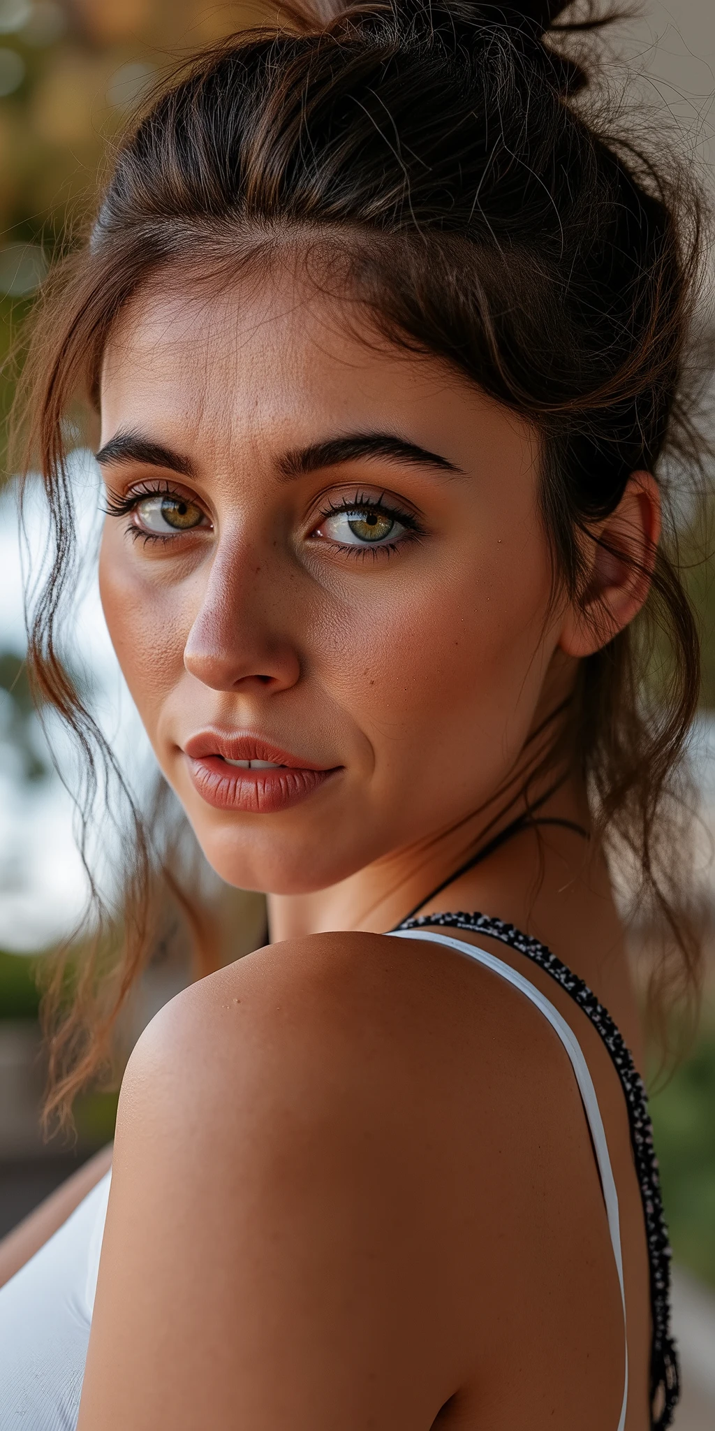 Photo époustouflante par-dessus l'épaule de ohwx regardant le spectateur, imperfections, collier, regardant par-dessus les épaules, cils, détail des cheveux fins, toute la coiffure visible, yeux parfaits avec motif d'iris, lèvres sensuelles, nez, (Parfaitement net:1.3), textures réalistes, (mise au point profonde, mise au point sur l'arrière-plan:1.5), décolleté profond. 8k uhd, reflex numérique, Image de très haute qualité, grain de film, Fujifilm XT3