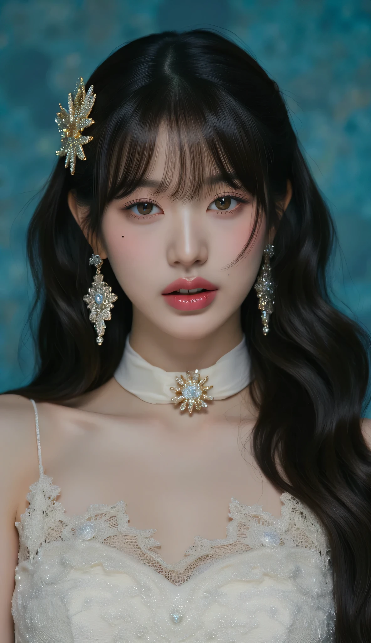 8k, masterpiece, highest quality, Korea's Beautiful Women, smile, Close-up, frontal, slightly low-angle. Dark, wavy hair, soft makeup, full lips, expressive eyes, fair skin. Lace camisole, velvet choker, gold star hairpiece, dangling earrings. Serene, slightly pensive, demure pose. Blurred, textured, blue-teal background.