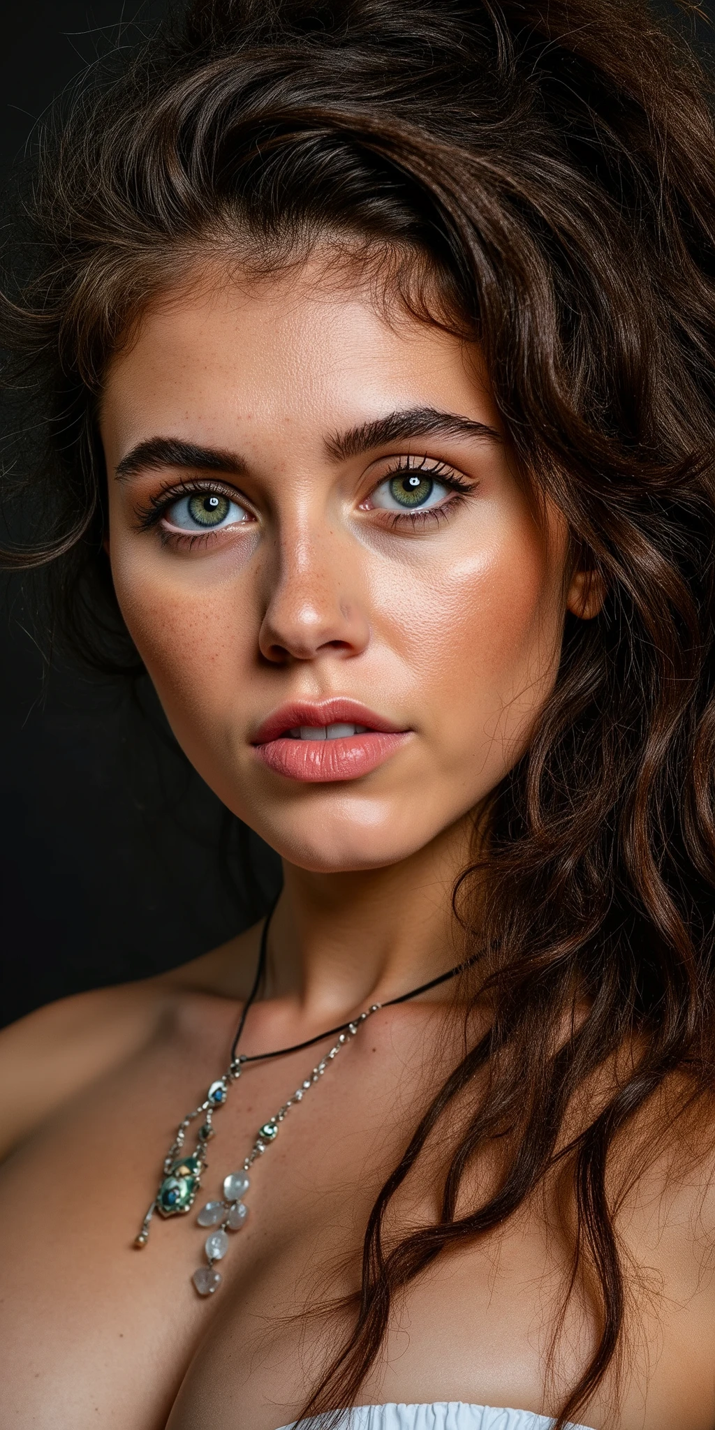 Photo époustouflante par-dessus l'épaule de ohwx regardant le spectateur, imperfections, collier, regardant par-dessus les épaules, cils, détail des cheveux fins, toute la coiffure visible, yeux parfaits avec motif d'iris, lèvres sensuelles, nez, (Parfaitement net:1.3), textures réalistes, (mise au point profonde, mise au point sur l'arrière-plan:1.5), décolleté profond. 8k uhd, reflex numérique, Image de très haute qualité, grain de film, Fujifilm XT3