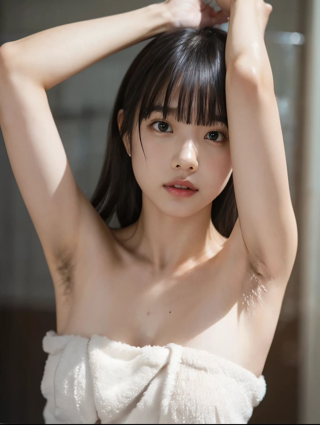 (best quality:1.2), masterpiece, Realistic, Ultra-high resolution,((a beautiful Japanese idol  woman:1.2)), (Gaunt:1.3), (((Very flat chest:1.4))), ((Baby Face)), armpit, ((show me her armpit)), (sweaty armpit:1.3), ((Armpits are wet and shiny with sweat)), She has skin that sweats easily Soaking wet, Sweaty, I can see my pores, ((Embarrassed expression:1.4)), (I&#39;m teary-eyed), completely nude:1.2, topless, (rabbit ears, black rabbit ears, fake rabbit ears, pantyhose, black pantyhose, bowtie, wrist cuffs:1.3), black leotard, (torture chamber, prison:1.5) ,  (bdsm, bed ,bondage, bound:1.2), (raise up arms:1.3), ((The shape of the pubic area)). (bound arms, bound legs, bound wrists, breast bondage:1.2), (spread legs,frogtie,bound thighs:1.5), (lying, on back:1.5) ,cowboy shot