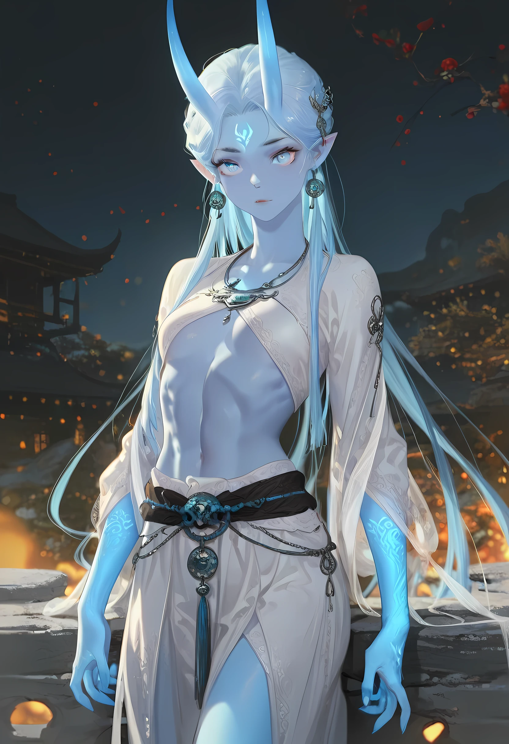 mian_lang, 1girl, small , age, (long hair:1.2), oni horns, blue hair, blue eyes, light blue skin, , looking at viewer, solo, toned, cowboy shot, frest, detailed background, night, masterpiece, best quality, amazing quality, very aesthetic, absurdres, glowing, pointy ears,perfect face,(detailed_eyes:1.2)