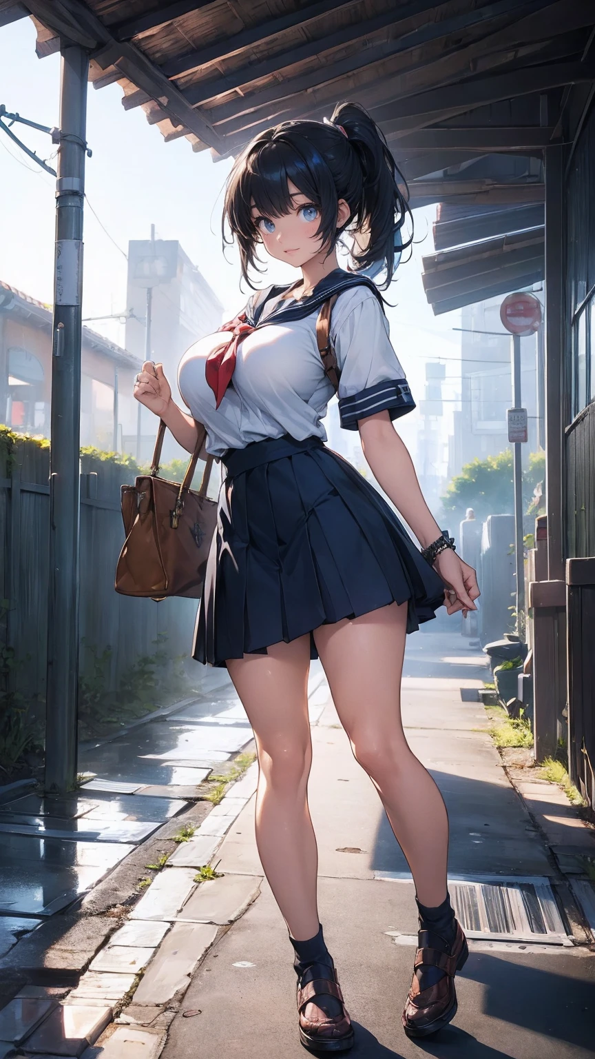 ((nsfw)),(Official art、Best Quality、Unity 8k Wallpapers、32K、 masterpiece、ultra-detailliert、High resolution,Perfect Anatomy),(natural soft light:1.2),Detailed beautiful face and eyes,shoot from adove,cowboy shot,(focus 1woman,solo:1.2),20-year-old beauty、japanes、hi-school girl、brown hair,,long hair,tearful:1.2,crying:1.2,orgasm:1.3,(((Slender lower body:1.5,Thin thighs:1.4,skinny:1.4,ideal ratio body proportions:1.3,medium breasts)))、((School uniform:1.4、pleatedskirt:1.2)),(((vibrator:1.5,sweat:1.3))),((standing)),((outside of house、Bustling street:1.5))、