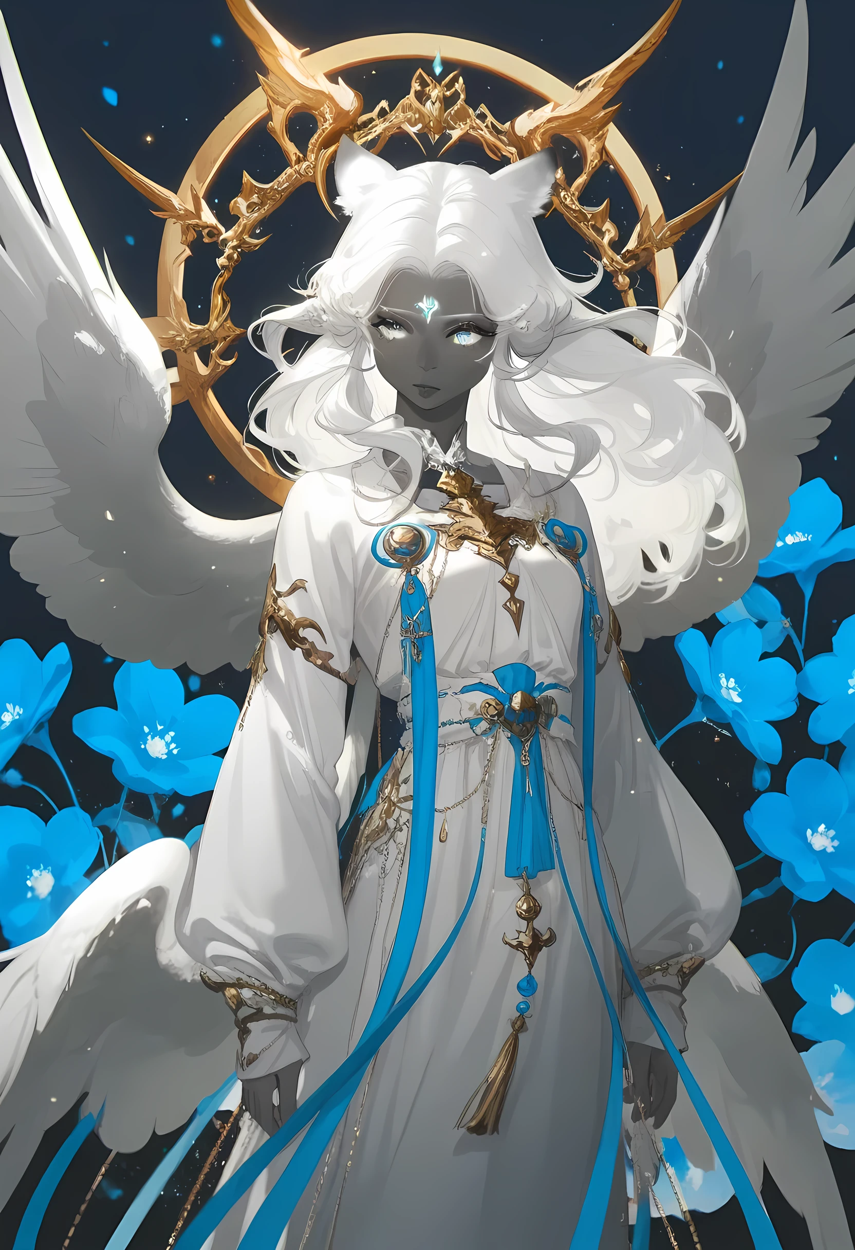 mian_lang,warrior_of_light_\(ff14\), solo, wings, 1girl, golden halo, white eyes, long hair, two wings, (Cobalt blue, dark blue theme:1.0), angel wings, (spot color), looking away, (monochrome:0.77), angel, simple background, white hair, black, white dress, (greyscale:0.7), closed mouth, depth of field, dynamic, floral background, anime wallpaper, anime character, white hair, gold eyes, (dark skin), (fluffy big hair), white tiger ears, solo, girl, water particles, safe,