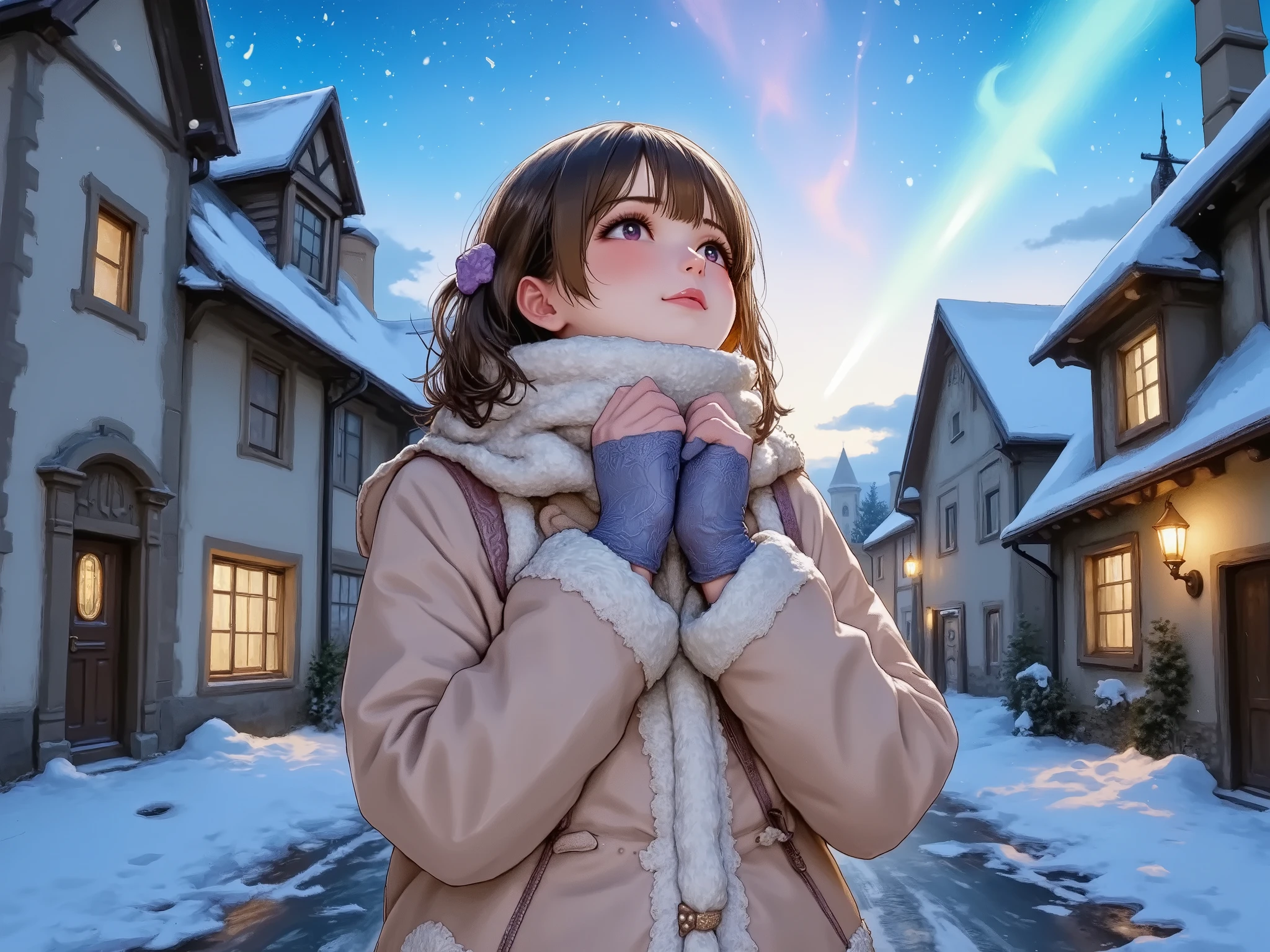photorealistic hyper-detailed,1girl wrapped in a thick winter coat, scarf, and gloves, standing on a snowy cobblestone street, gazing up in awe at a mesmerizing aurora stretching across the night sky. The soft glow of the celestial lights reflects gently off her face, as she stands amidst snow-covered houses with warmly glowing windows. From a dramatic low-angle perspective, the scene captures the vastness of the sky above her, from her near Underboob ground shot extreme close up,with distant castle towers fading into the mist. Soft snowflakes drift lazily through the air, while bokeh city lights add depth to the serene winter landscape. This cinematic, highly detailed artwork, inspired by Caspar David Friedrich, is rendered in hyperrealism with high texture detailing in stunning 8K resolution.
