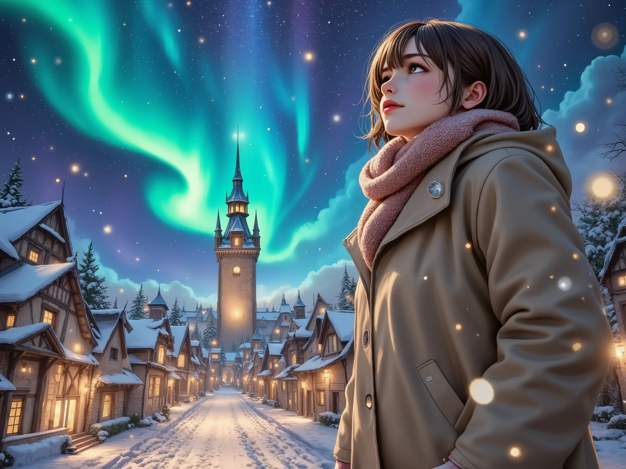 photorealistic hyper-detailed,1girl wrapped in a thick winter coat, scarf, and gloves, standing on a snowy cobblestone street, gazing up in awe at a mesmerizing aurora stretching across the night sky. The soft glow of the celestial lights reflects gently off her face, as she stands amidst snow-covered houses with warmly glowing windows. From a dramatic low-angle perspective, the scene captures the vastness of the sky above her, from her near Underboob ground shot extreme close up,with distant castle towers fading into the mist. Soft snowflakes drift lazily through the air, while bokeh city lights add depth to the serene winter landscape. This cinematic, highly detailed artwork, inspired by Caspar David Friedrich, is rendered in hyperrealism with high texture detailing in stunning 8K resolution.