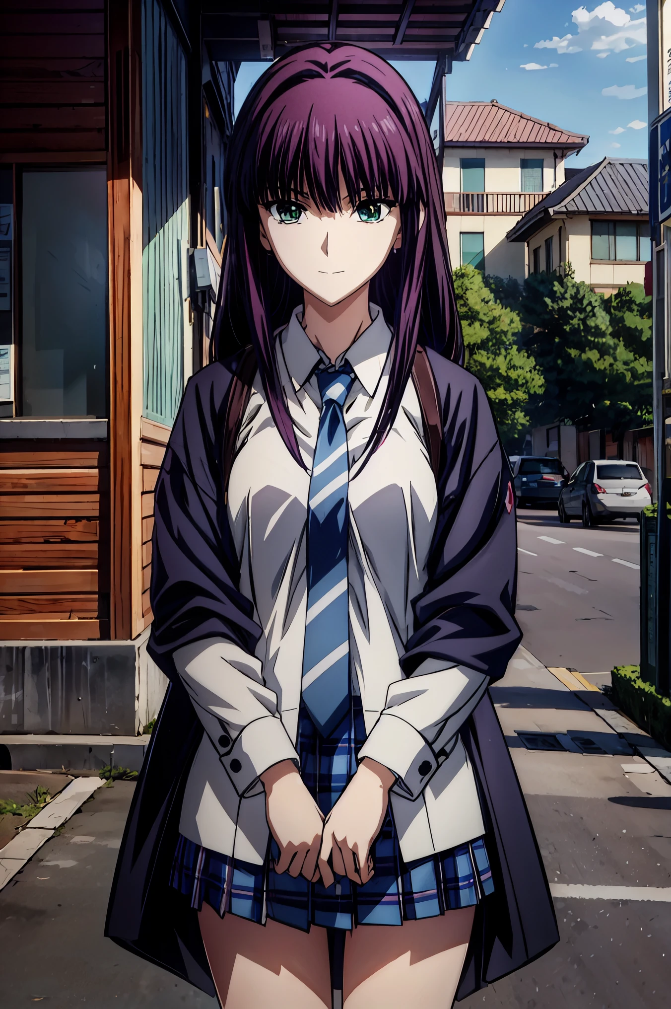 smile face, blazer uniform,赤 purple hair, green eyes , eyes like jewels, 超 high resolution, ((( green eyes))),赤 purple hair, beautifulアニメ高校の女の子,( masterpiece:1.2, 最 high quality ), ( exists, photo exists:1.4), beautifulイラスト, ( natural light , Movie Screenplay ), nsfw, watch viewers , COWBOY SHOOTING , Front view of the company :0.6, seat, Japanese, college student の女の子, perfect face, beautiful髪, beautiful顔, beautiful and amazing eyes, beautiful鎖骨, beautiful体, beautiful胸, beautiful太もも, beautiful足, beautiful指 , ((( navy jacket ), Light Blue Shirt , details beautiful DEL I'm CATE EYES FULL OF DEC I ON , Black Sox , blue tartan ribbon tie )), ( beautiful風景), evening , Riverside, walk, smooth animated CG art , 魅惑的な Anime Girl , MAKE A GIRL IN A LONG COAT , high resolution, very well detailedなイラスト, DARK BLUE PLEATED MINISKIRT VIBRATOR , RAW Photo , film grain , standing , U high resolution and 8K Connection , 長い赤 purple hairと green eyesをした Anime Girl , anime moe art style , 若い Anime Girl の接写, smooth animated CG art , beautifulアニメの college student の女の子, anime moe art style , シュールな college student の女の子, Anime Girl , 魅力的な Anime Girl , シュールな college student の女の子, GIRL WITH SHINY CLOTHING , high resolution, CG Details , high quality shadows, beautiful、delicate face、All the details , ディテール beautiful DELICATE EYES FULL OF DECISION,break( high resolution8Kの壁紙 ),(高度に CG Details 8kの壁紙),Makima ( Chainsaw Man ),Scathach ( Destiny / GRAND ORDER REQUIRED ),Reika Shimohira , high resolution, とても繊細で beautifulCGイラスト,最 high quality , exists Feeling , exists fabric, exists texture,((( debris flies))), (((最 high quality ))),8k,At 32k, masterpiece, beautiful and charming anime woman , supermarket, very well detailed, high resolution,シュールな college student の女の子, masterpiece, 最 high quality , high quality , Freshness , high quality texture, high quality shadow, high detail on the face, sex , seat, college student , alone,I, alone, alone, ADULT BIB , beautiful長い脚, beautiful胸, beautiful太もも, Tight legs , beautiful leg line , Slender Hips at an Unmanned Bar ,Mature body girl, Big breasts only , beautiful胸,reddish purple hair, purple hair, BLACK CURRANT HAIR , charming Anime Girl , colorful hair, straight hair ,shy smile,幸せそうなsmile, Brilliant appearance ,cute smile,Cool Beauty, beautiful女性, handsome face , beautiful写実性, attractive figure , 魅惑的な顔 , Calm expression , beautiful髪,smile, colorful eyes , green eyes,Jade Eyes, beautiful目,bright eyes, DELICATE EYES FULL OF DECISION, Jewel Eyes ,Jade Eyes,( green eyes:1.5), attractive face ,8 heads,:: 174cm,彼女は首に necklace 身に着けています, necklace ,beaded necklace ,Magatama Accessories,smile,