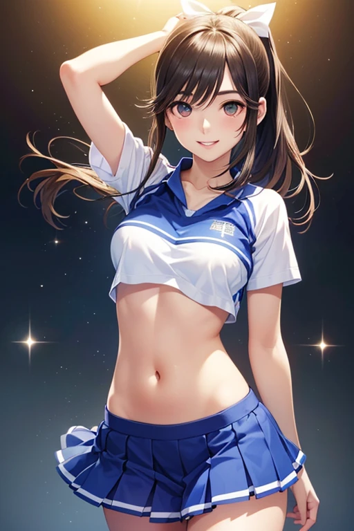 Yukimikan、Blue hair、Colossal tits、a smile、Navel Ejection、cyan colors　amarelo　Cheerleader Uniforms、White High Socks、white sneaker、A slender、Armpit　Raising the right leg、School Grounds　the setting sun