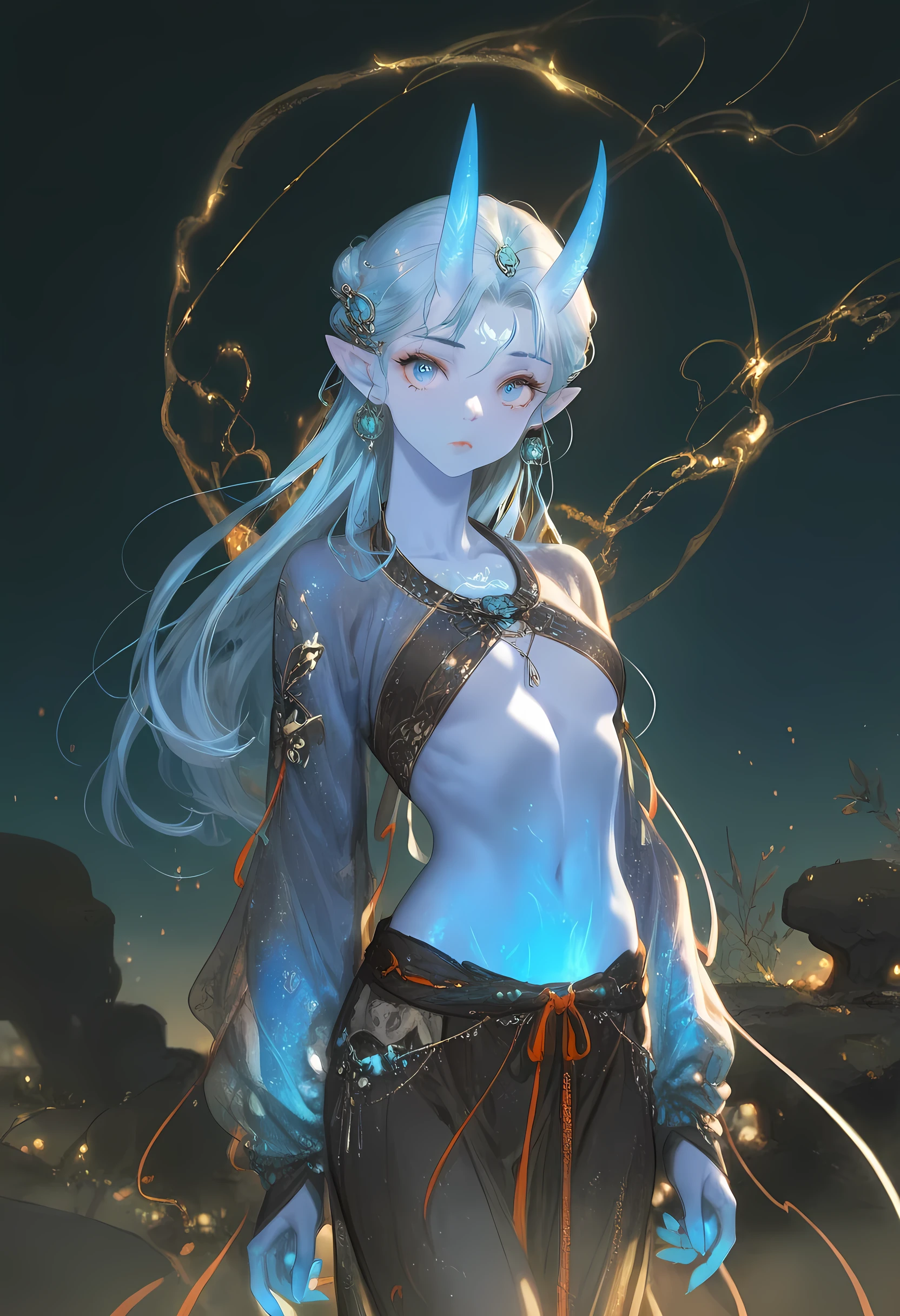 mian_lang, 1girl, small , age, (long hair:1.2), oni horns, blue hair, blue eyes, light blue skin, , looking at viewer, solo, toned, cowboy shot, frest, detailed background, night, masterpiece, best quality, amazing quality, very aesthetic, absurdres, glowing, pointy ears