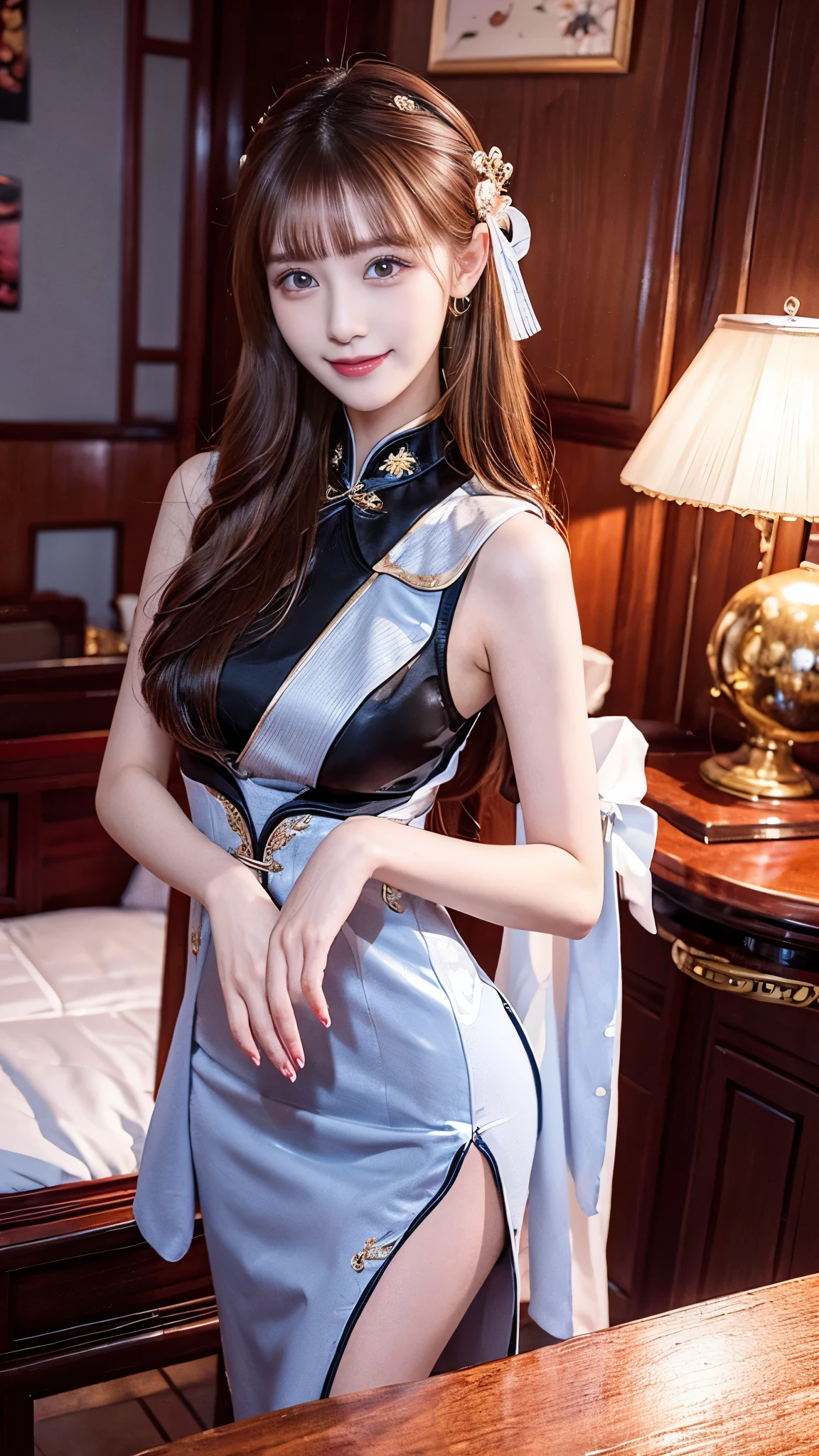 beautiful woman, Chestnut hair , Beautiful Eyes , Smile, Actual , Full HD, very beautiful dress ,Fluffy dress , curved body,Magnificent view ,Gorgeous decoration,cheongsam,中国发髻,Jinhri