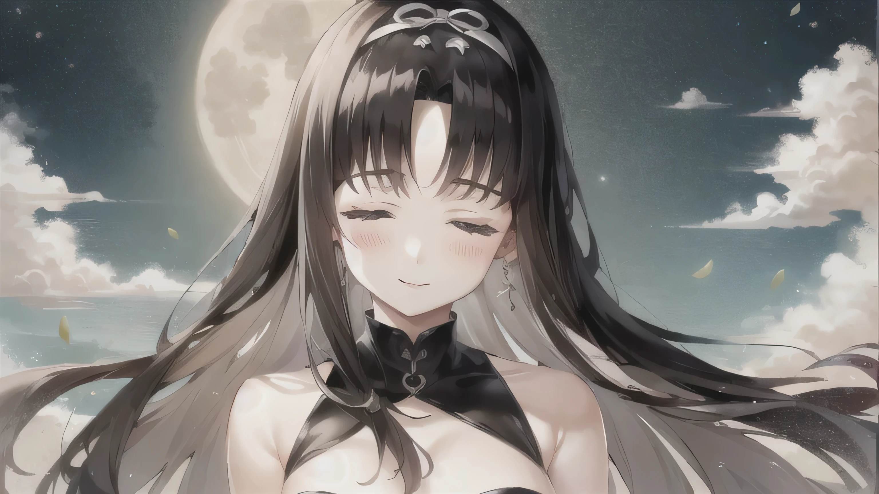 masterpiece、 best quality、One person、An anime woman whose hair is partly vermilion is smiling。 moonlight 。