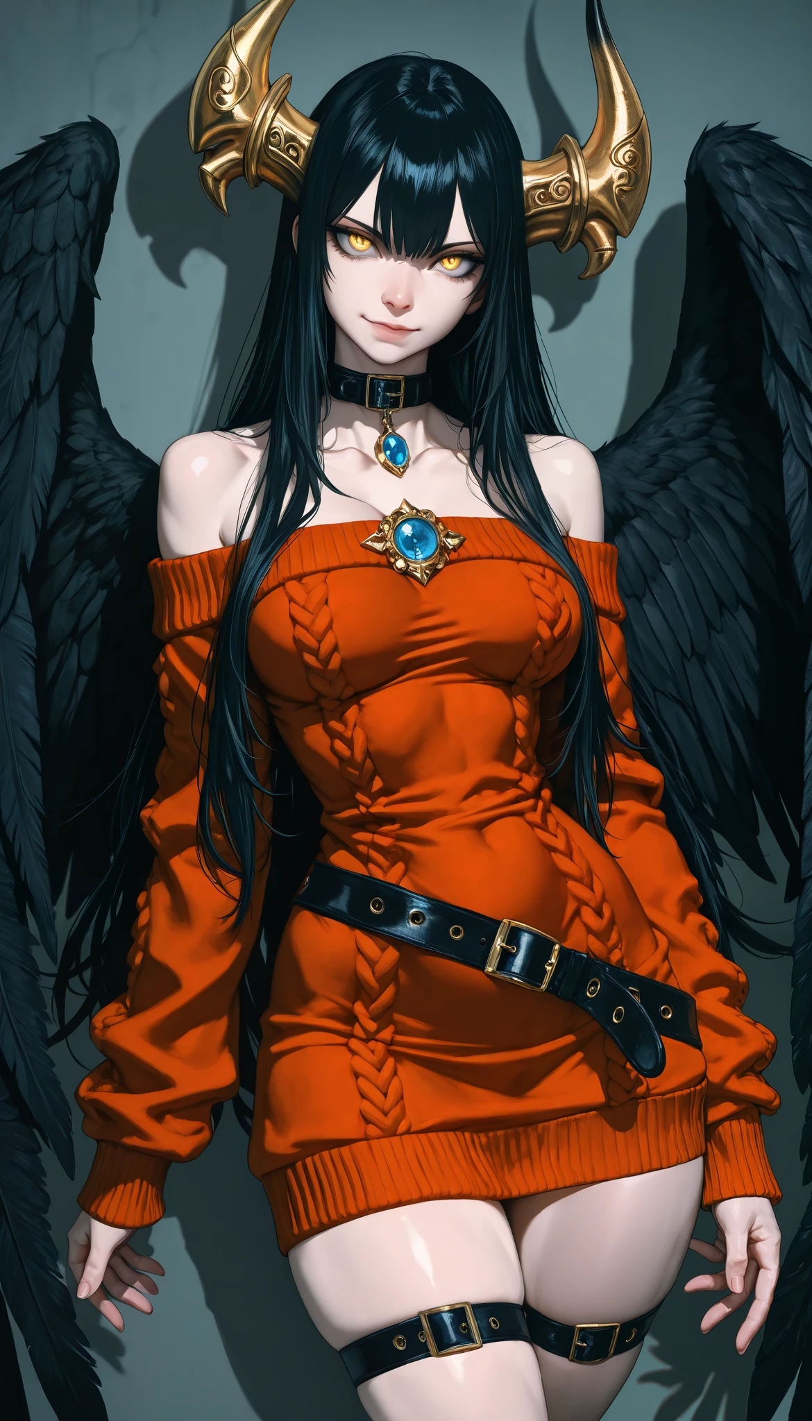 An anime character with demonic and seductive appearance , con BLACK WINGS, Long and dark flowing hair, shining golden eyes, and curved horns like those of a ram . has pale skin , a mischievous smile and a playful and mysterious expression , holding a finger on his lips as if he were silencing someone. Ella usa un dress blanco con detalles intrincados y acentos dorados, along with a blue gem on her chest . The scene is dramatically illuminated ., with soft shadows that enhance her sharp features , as the background fades into the dark , adding an enigmatic and magical touch . The style is a mix of anime fantasy with intricate details , Capturing an intense portrait , close and dynamic , beautiful woman,old clothes,Peasant, natural breasts , medium breasts, ( narrow waist, perfect body curves ), sharp focus, (tall body, mujer adulta), (high-definition skin, skin pores:1.4), bare shoulders, belt, BLACK WINGS, collarbone, dress, Wings with feathers, Long Sleeves Leather, low alas, collar, bare shoulders, sweater con bare shoulders, sweater, dress sweater, thigh strap, sweater blanco, alas, wrist strap, thighs,