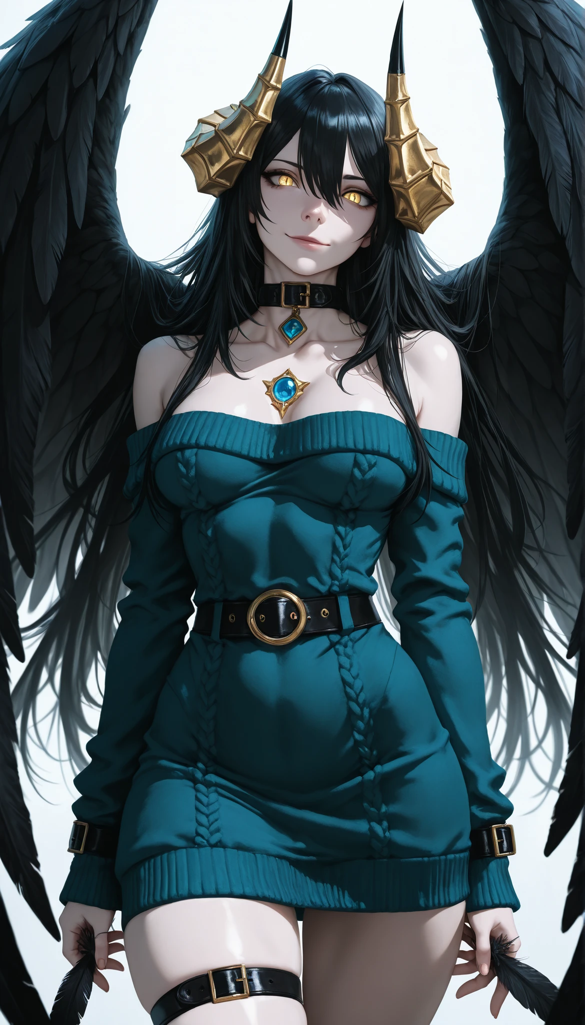 An anime character with demonic and seductive appearance , con BLACK WINGS, Long and dark flowing hair, shining golden eyes, and curved horns like those of a ram . has pale skin , a mischievous smile and a playful and mysterious expression , holding a finger on his lips as if he were silencing someone. Ella usa un dress blanco con detalles intrincados y acentos dorados, along with a blue gem on her chest . The scene is dramatically illuminated ., with soft shadows that enhance her sharp features , as the background fades into the dark , adding an enigmatic and magical touch . The style is a mix of anime fantasy with intricate details , Capturing an intense portrait , close and dynamic , beautiful woman,old clothes,Peasant, natural breasts , medium breasts, ( narrow waist, perfect body curves ), sharp focus, (tall body, mujer adulta), (high-definition skin, skin pores:1.4), bare shoulders, belt, BLACK WINGS, collarbone, dress, Wings with feathers, Long Sleeves Leather, low alas, collar, bare shoulders, sweater con bare shoulders, sweater, dress sweater, thigh strap, sweater blanco, alas, wrist strap, thighs,