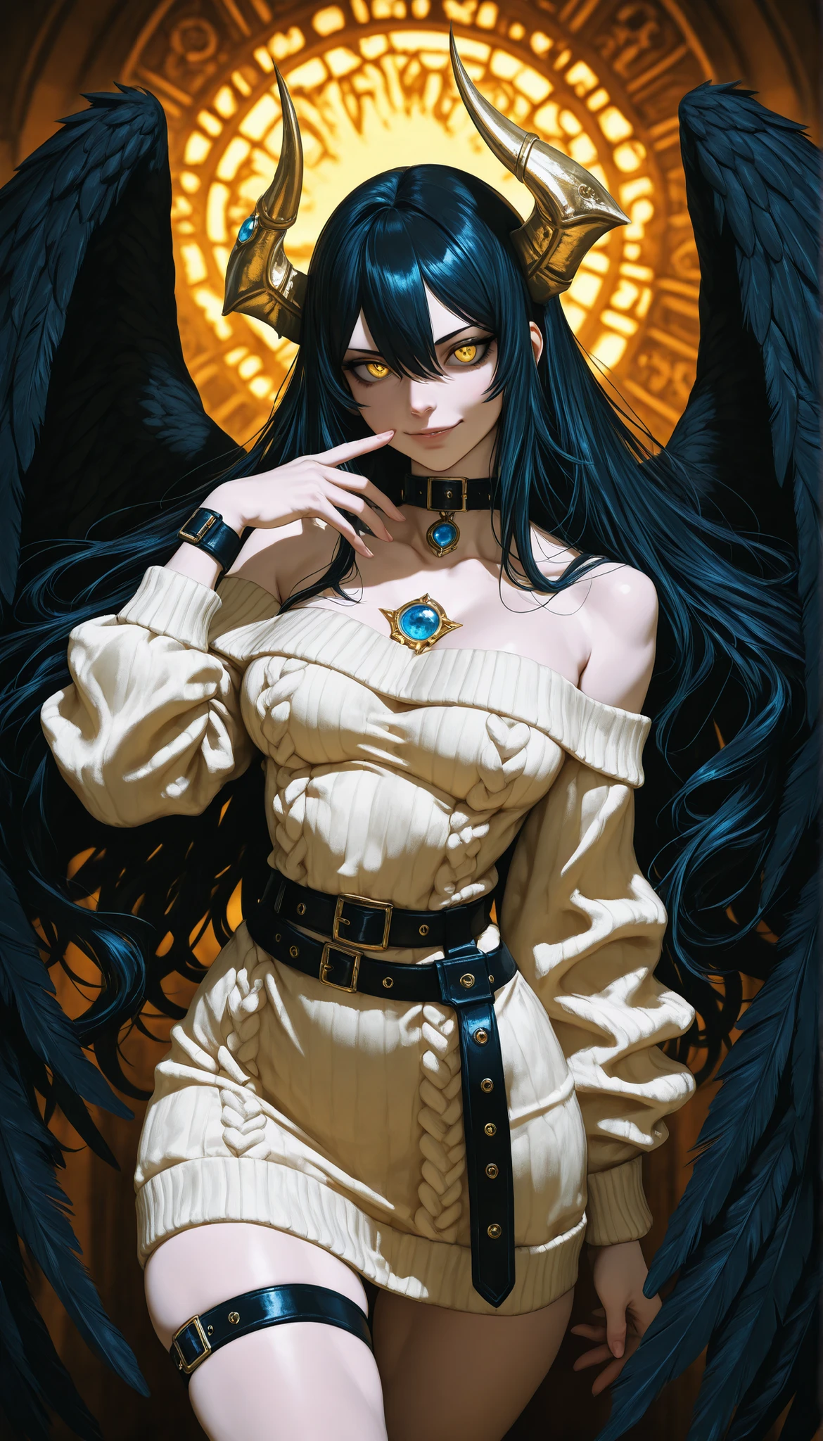 An anime character with demonic and seductive appearance , con BLACK WINGS, Long and dark flowing hair, shining golden eyes, and curved horns like those of a ram . has pale skin , a mischievous smile and a playful and mysterious expression , holding a finger on his lips as if he were silencing someone. Ella usa un dress blanco con detalles intrincados y acentos dorados, along with a blue gem on her chest . The scene is dramatically illuminated ., with soft shadows that enhance her sharp features , as the background fades into the dark , adding an enigmatic and magical touch . The style is a mix of anime fantasy with intricate details , Capturing an intense portrait , close and dynamic , beautiful woman,old clothes,Peasant, natural breasts , medium breasts, ( narrow waist, perfect body curves ), sharp focus, (tall body, mujer adulta), (high-definition skin, skin pores:1.4), bare shoulders, belt, BLACK WINGS, collarbone, dress, Wings with feathers, Long Sleeves Leather, low alas, collar, bare shoulders, sweater con bare shoulders, sweater, dress sweater, thigh strap, sweater blanco, alas, wrist strap, thighs,